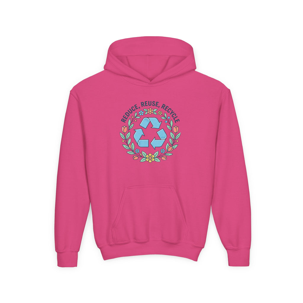 Sudadera con capucha para jóvenes — Sudadera ecológica con símbolo floral de reciclaje "Reduce Reutiliza Recicla"