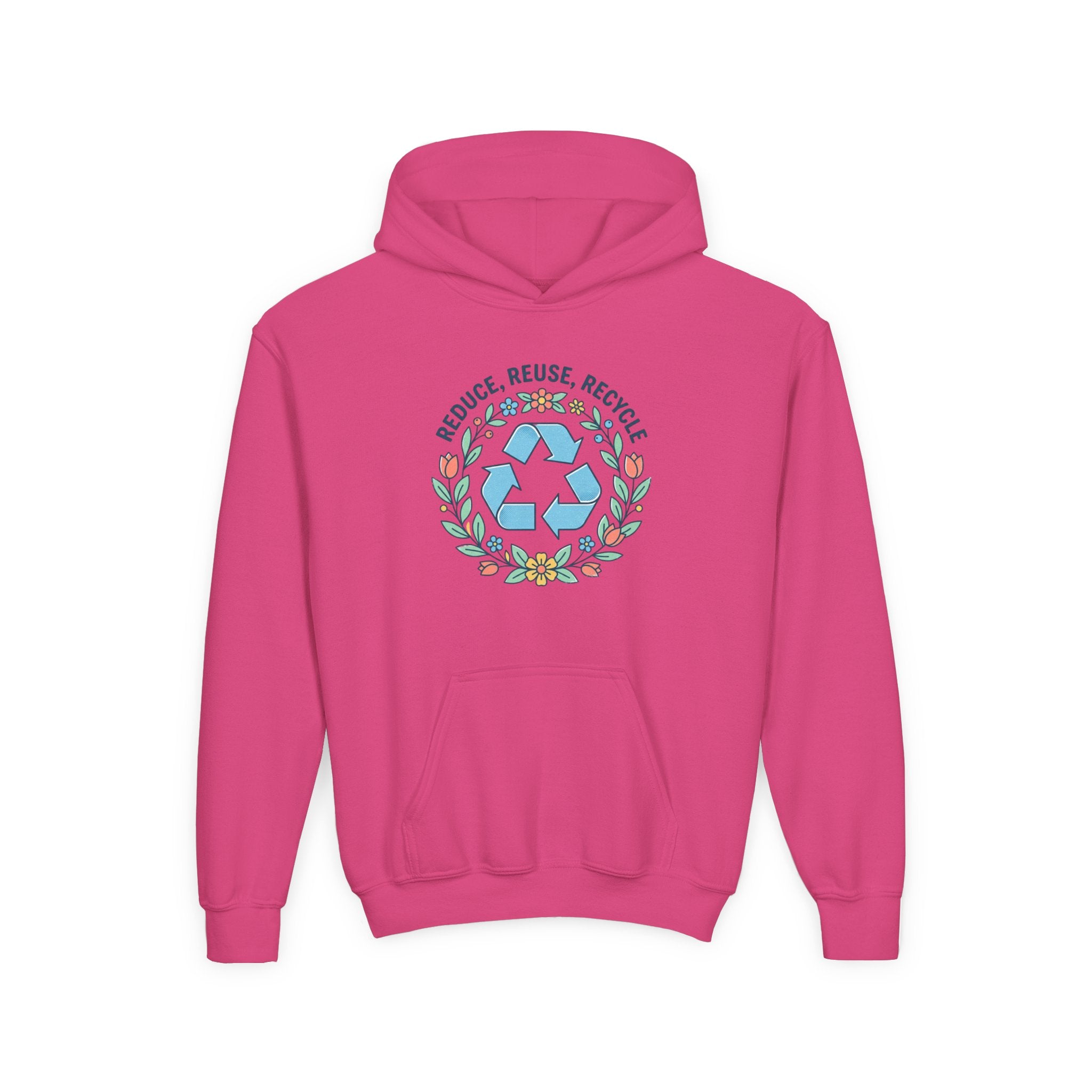 Sudadera con capucha para jóvenes — Sudadera ecológica con símbolo floral de reciclaje "Reduce Reutiliza Recicla"
