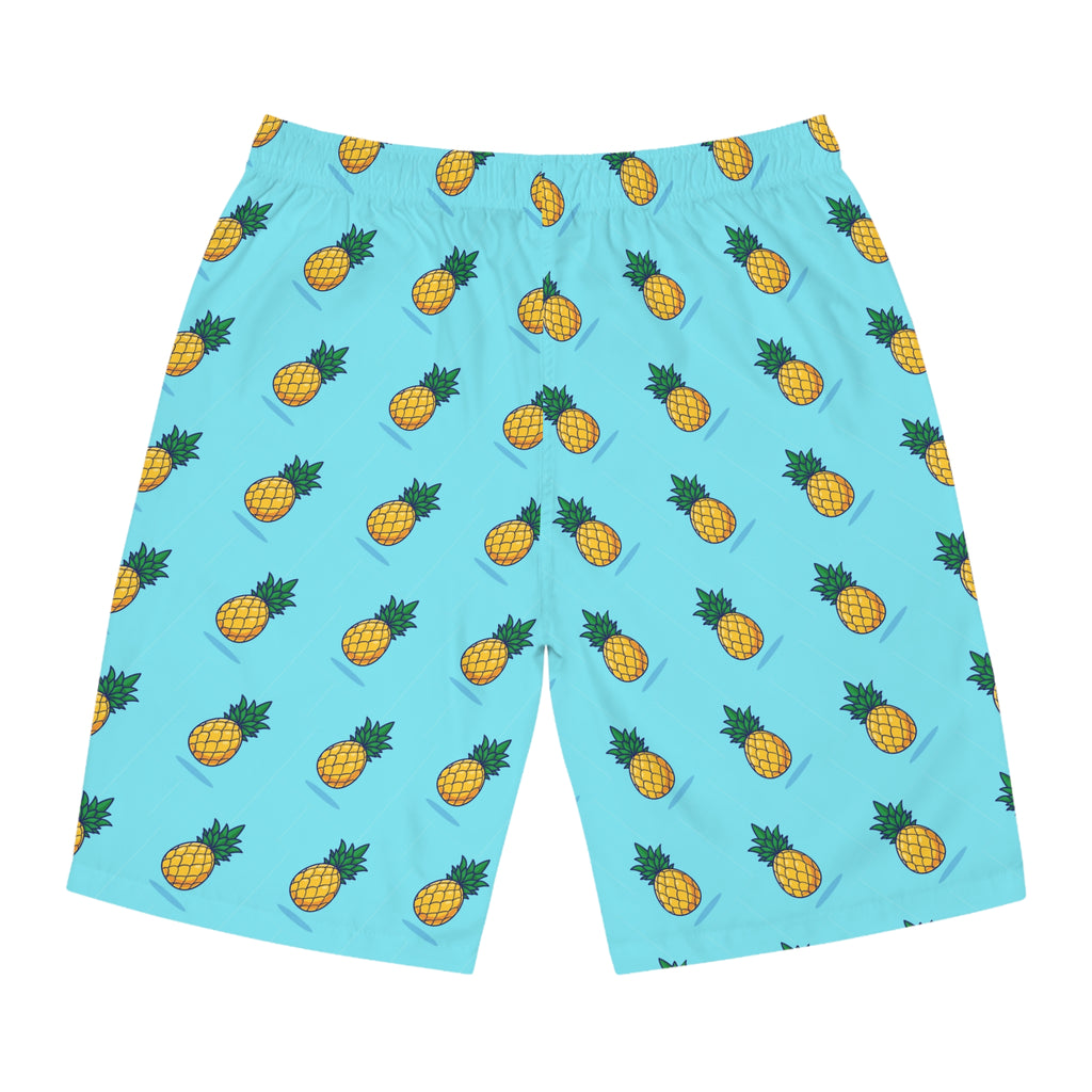 Pineapple Print Board Shorts — Tropical Blue Swim Trunks