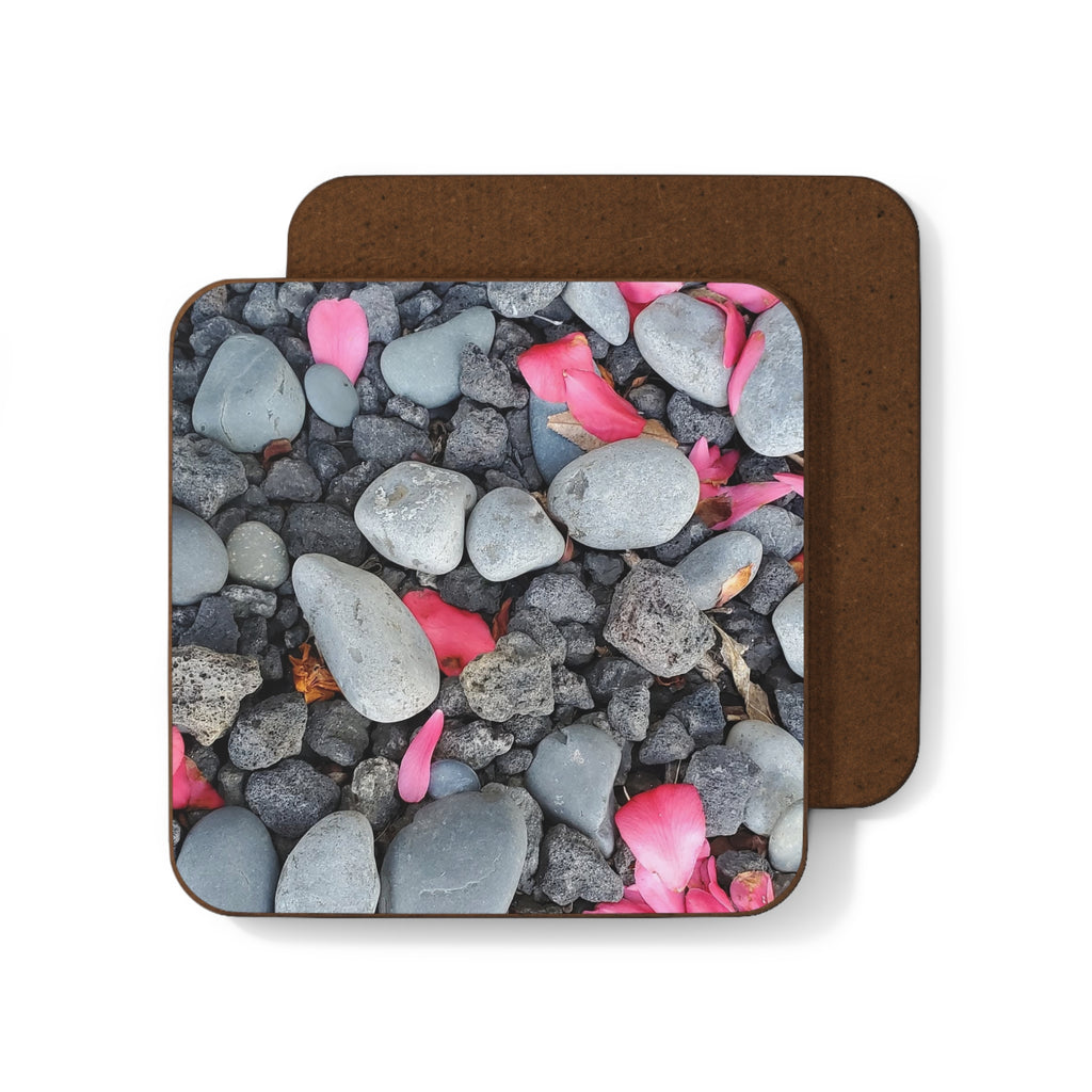 Pebble & Petal Coaster — Pink Rose Petals on Pebble Beach Drink Coaster