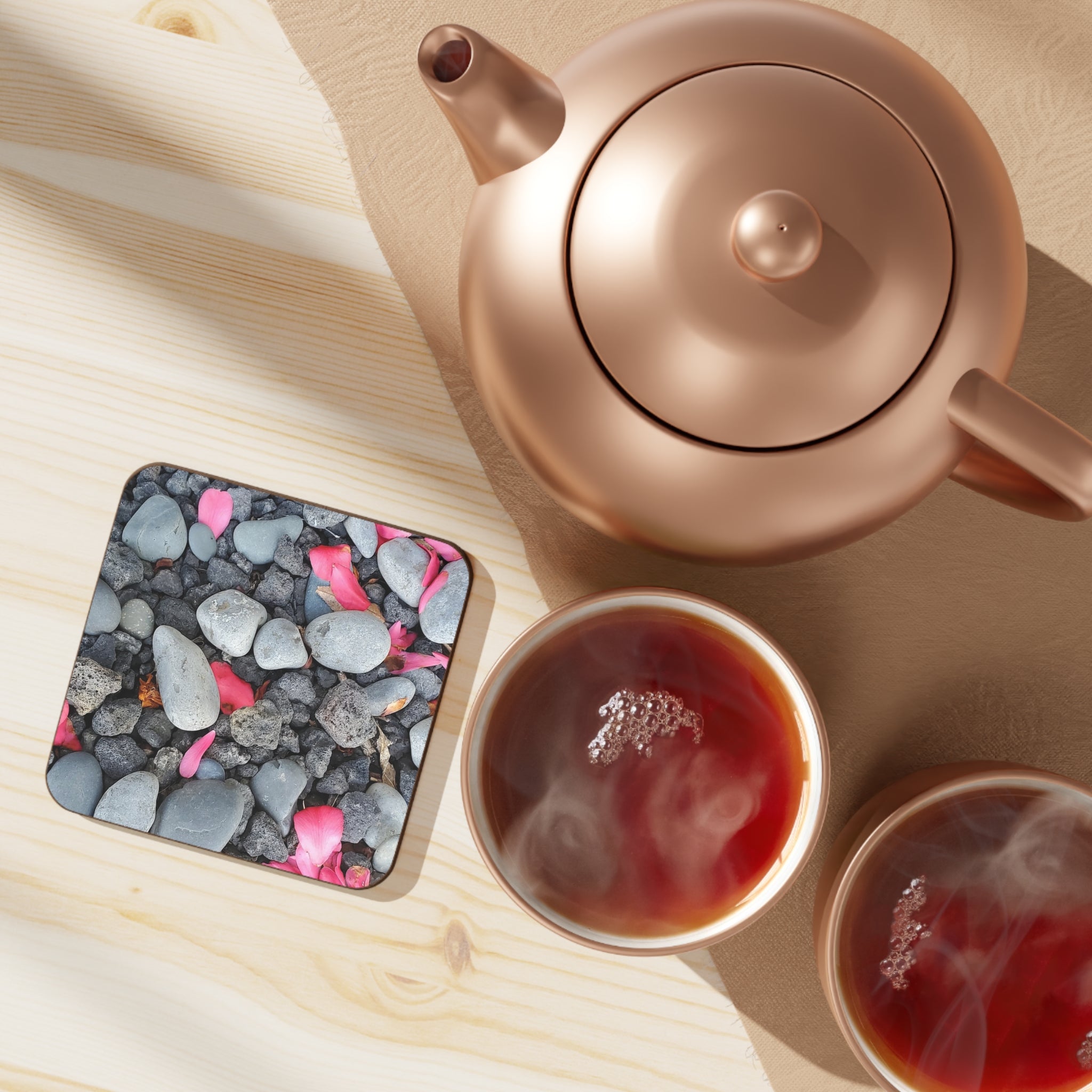 Pebble & Petal Coaster — Pink Rose Petals on Pebble Beach Drink Coaster