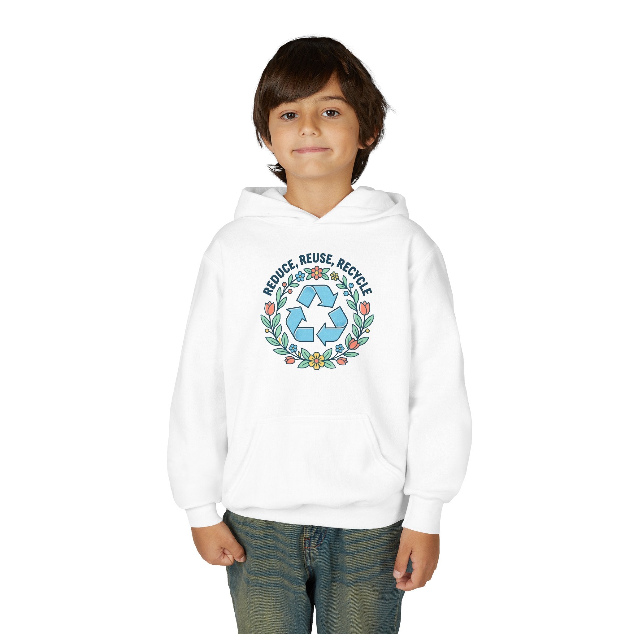 Youth Hoodie — “Reduce Reuse Recycle” Floral Recycle Symbol Eco Sweatshirt