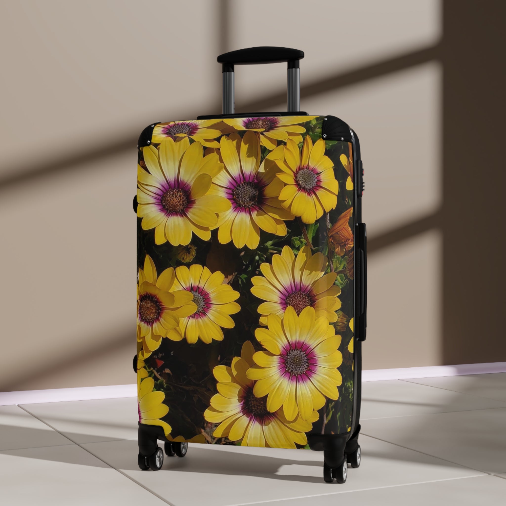 Maleta floral de margaritas amarillas | Equipaje de flores brillantes