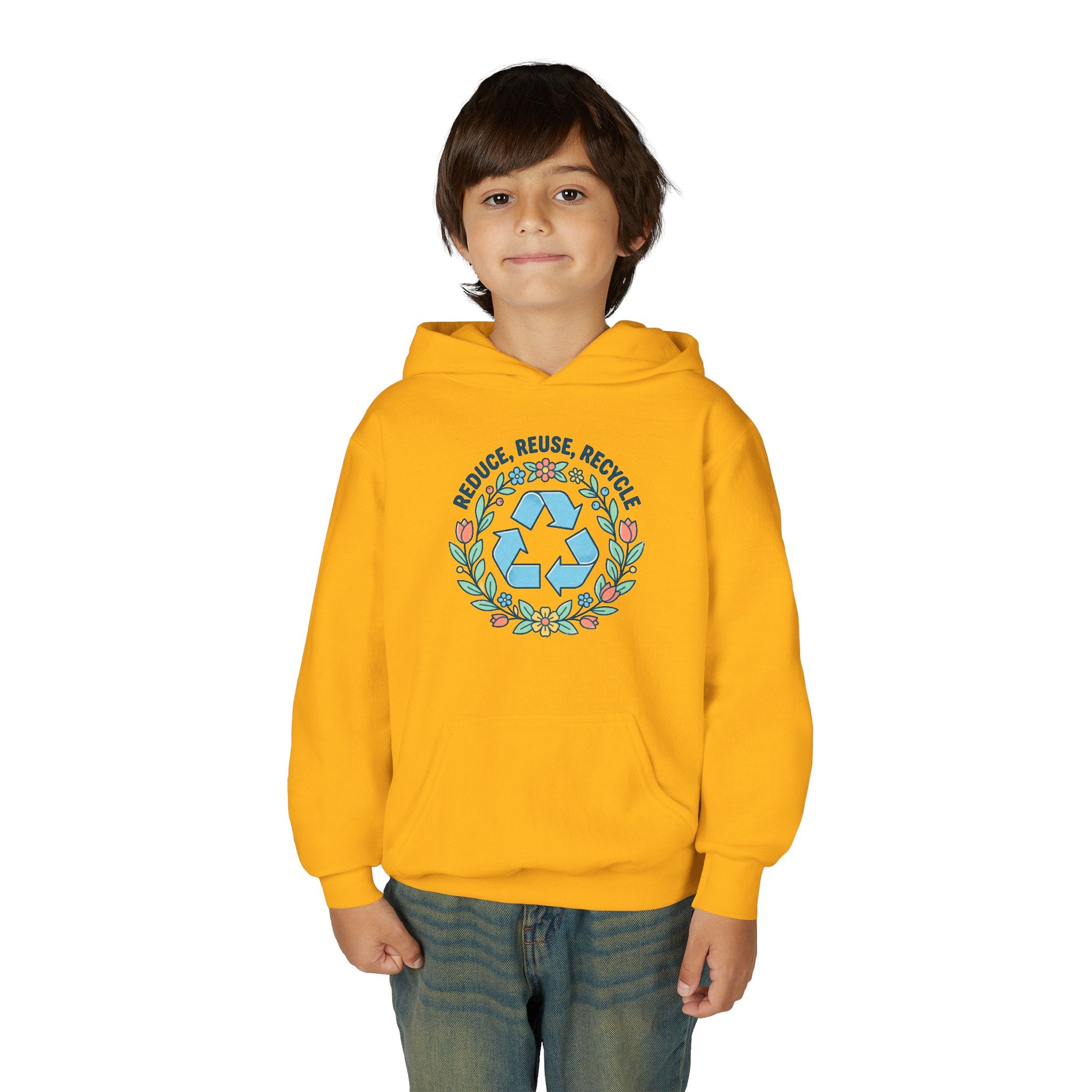 Youth Hoodie — “Reduce Reuse Recycle” Floral Recycle Symbol Eco Sweatshirt