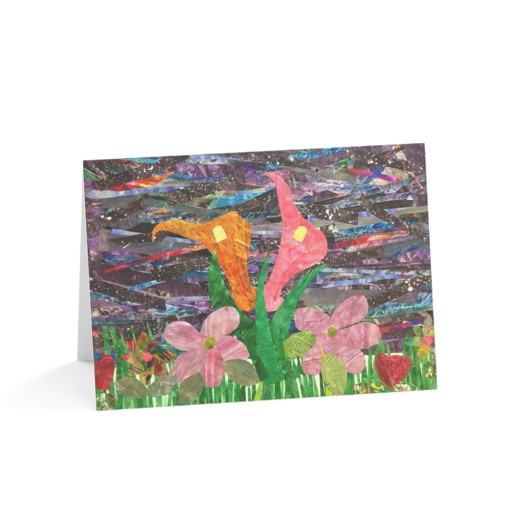 Tarjeta para el Día de la Madre con collage floral — Paquete de 1/10/30/50 (Diseño de lirios cala y corazones)