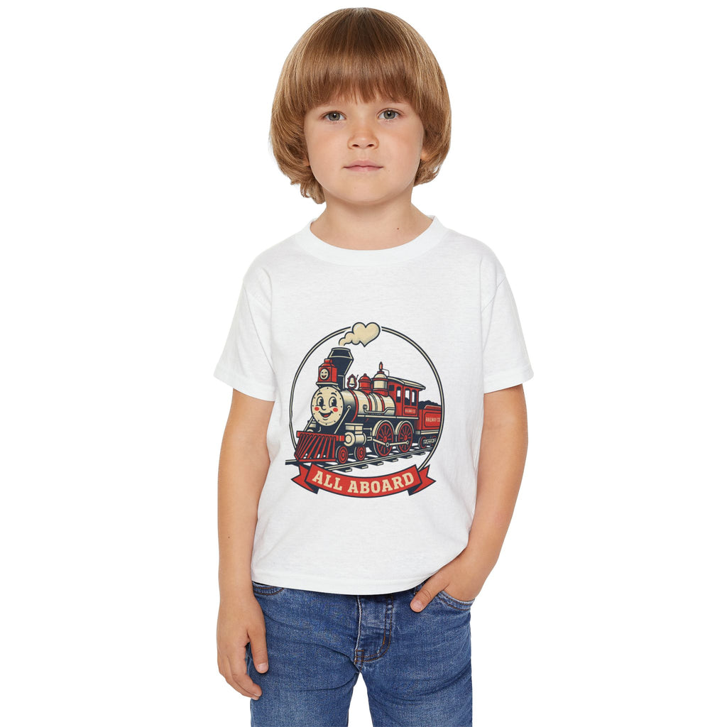 Camiseta para niños pequeños — Gráfico de tren clásico "¡Todos a bordo!"