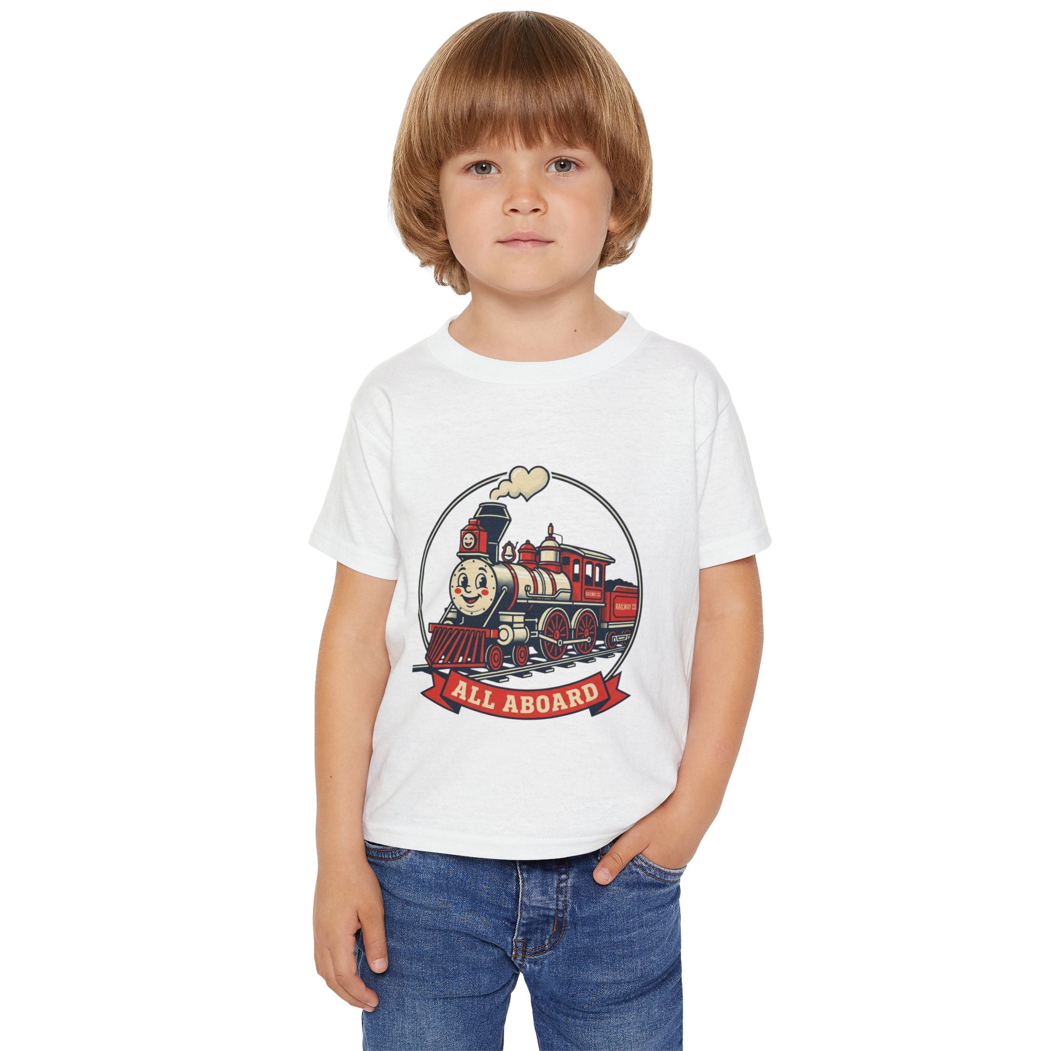 Camiseta para niños pequeños — Gráfico de tren clásico "¡Todos a bordo!"