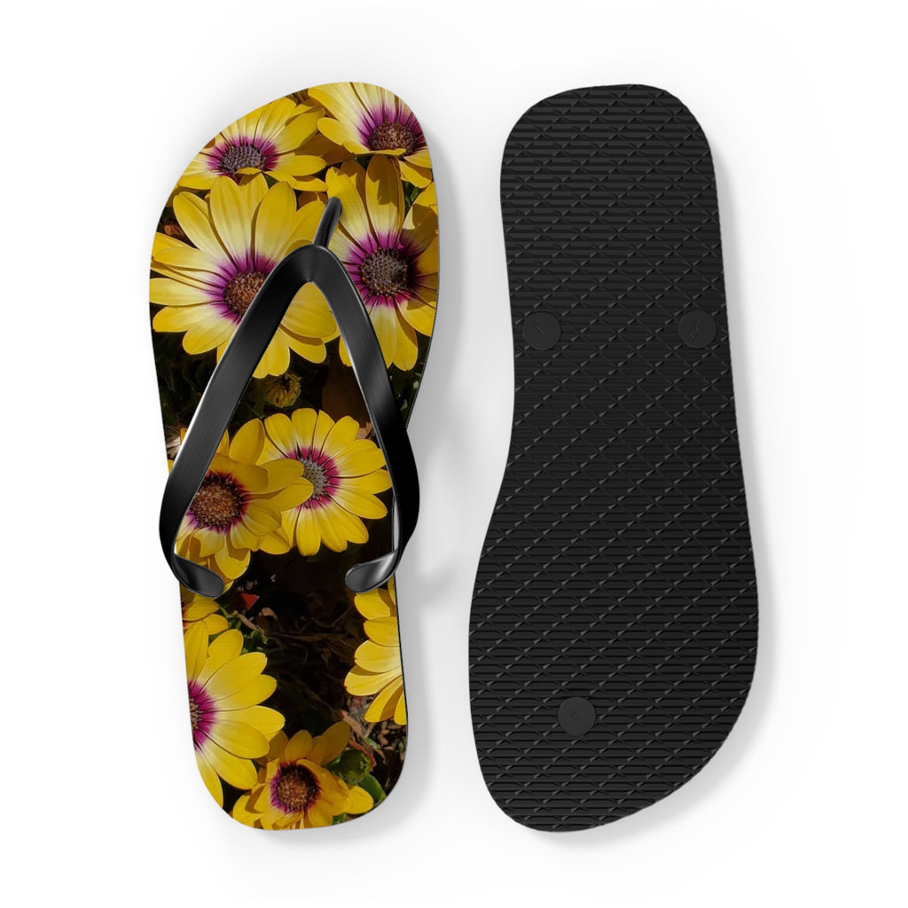Yellow Daisy Inverted Pattern Flip Flops — Floral Beach Sandals