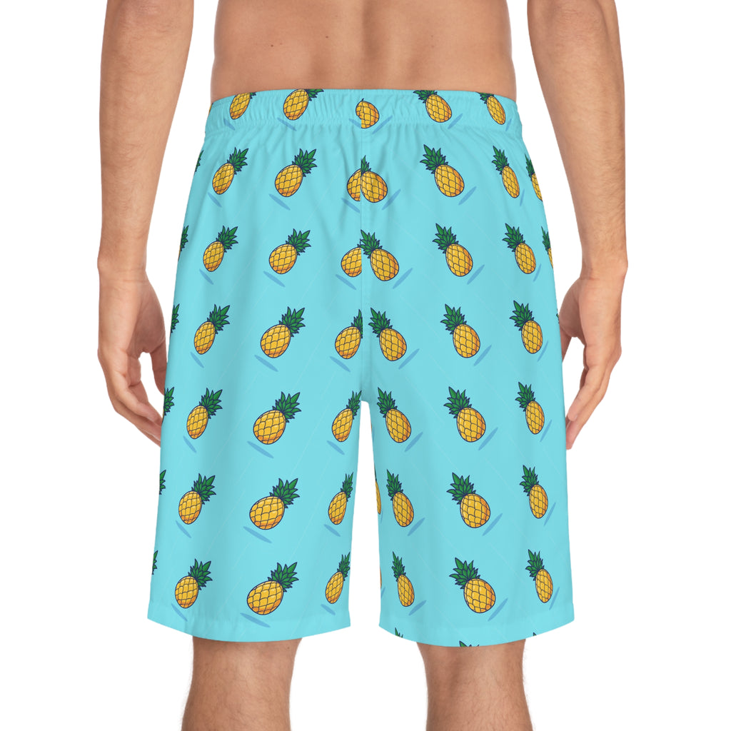 Pineapple Print Board Shorts — Tropical Blue Swim Trunks