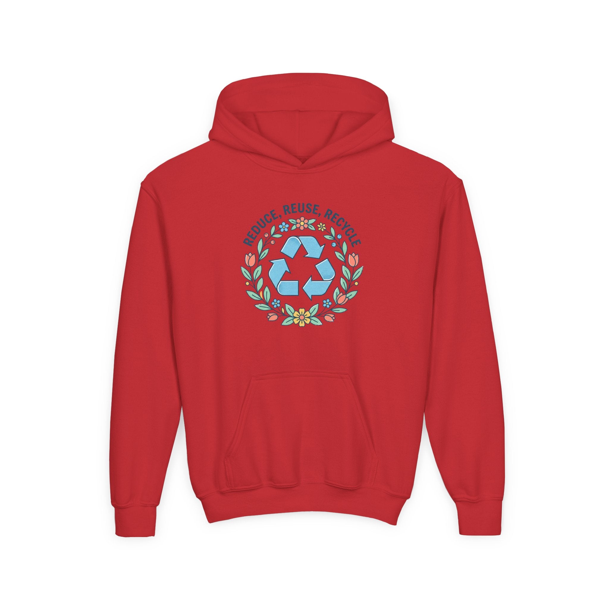 Sudadera con capucha para jóvenes — Sudadera ecológica con símbolo floral de reciclaje "Reduce Reutiliza Recicla"