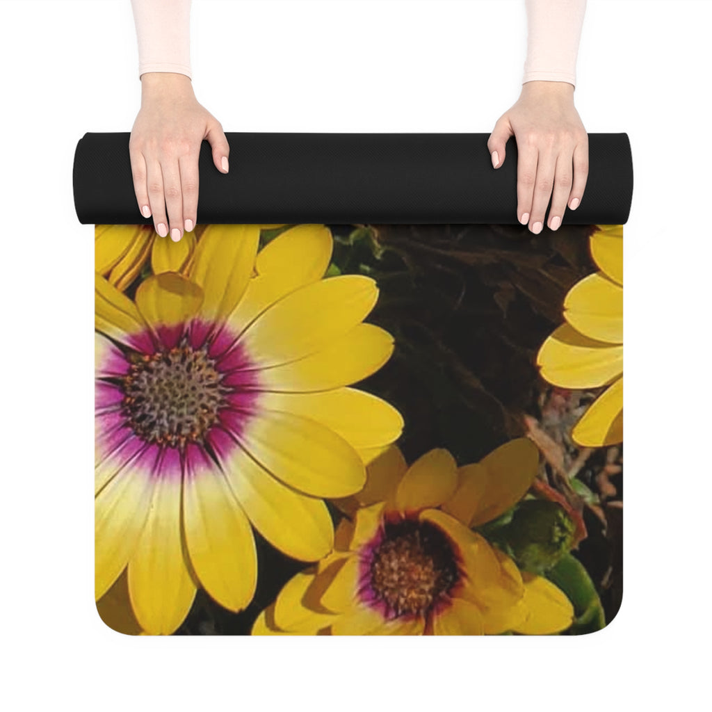 Alfombrilla de yoga de goma con estampado de margaritas amarillas | Diseño floral de girasoles