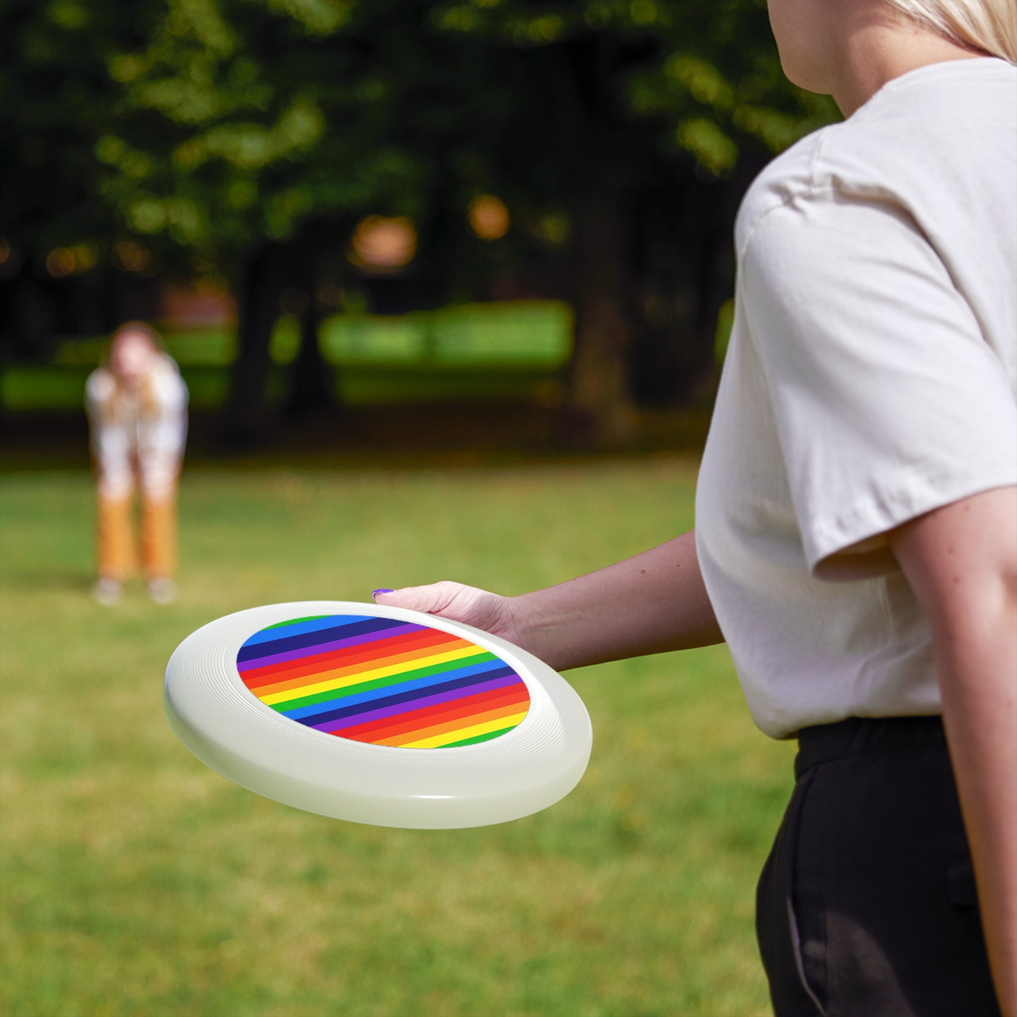 Rainbow Stripe Frisbee — Colorful Wham-O Disc for Outdoor Play & Pride