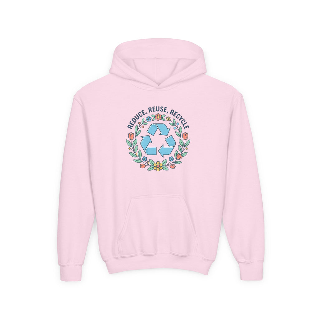 Sudadera con capucha para jóvenes — Sudadera ecológica con símbolo floral de reciclaje "Reduce Reutiliza Recicla"