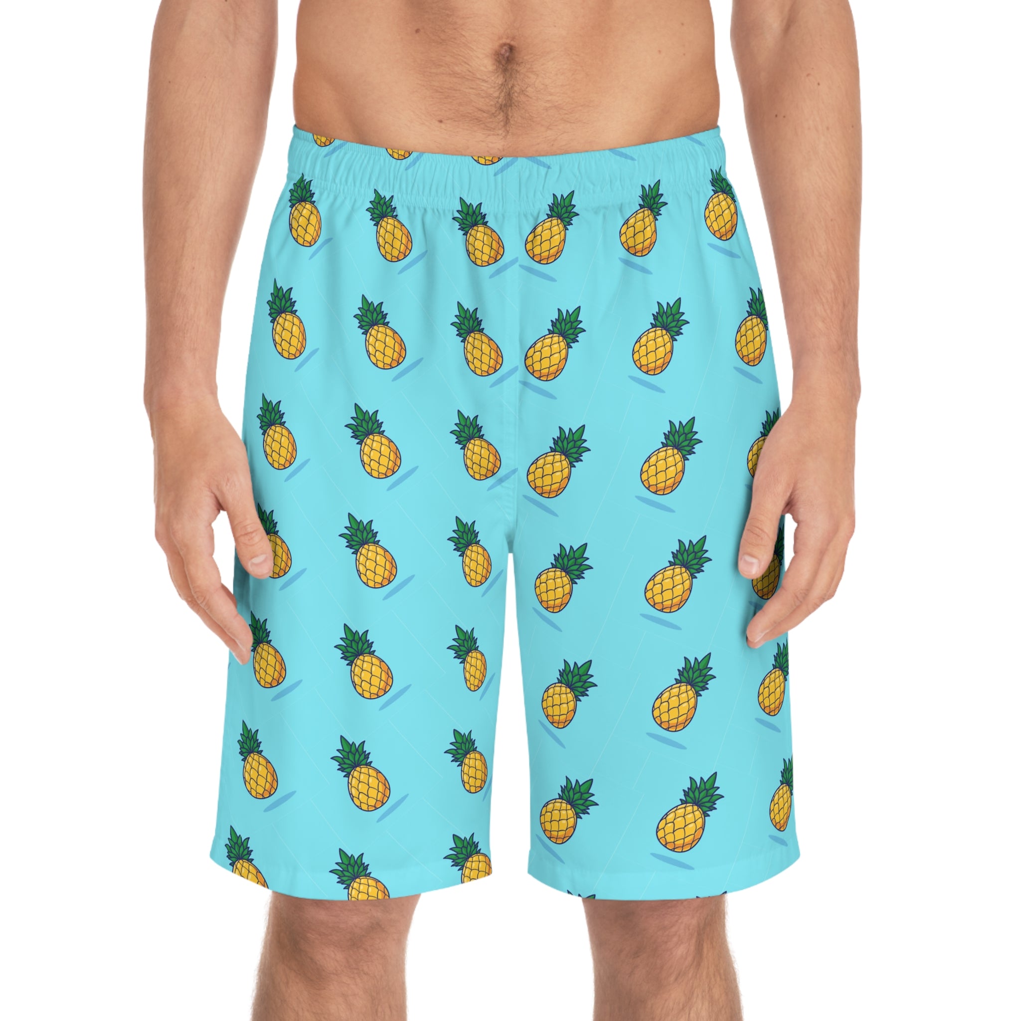 Pineapple Print Board Shorts — Tropical Blue Swim Trunks