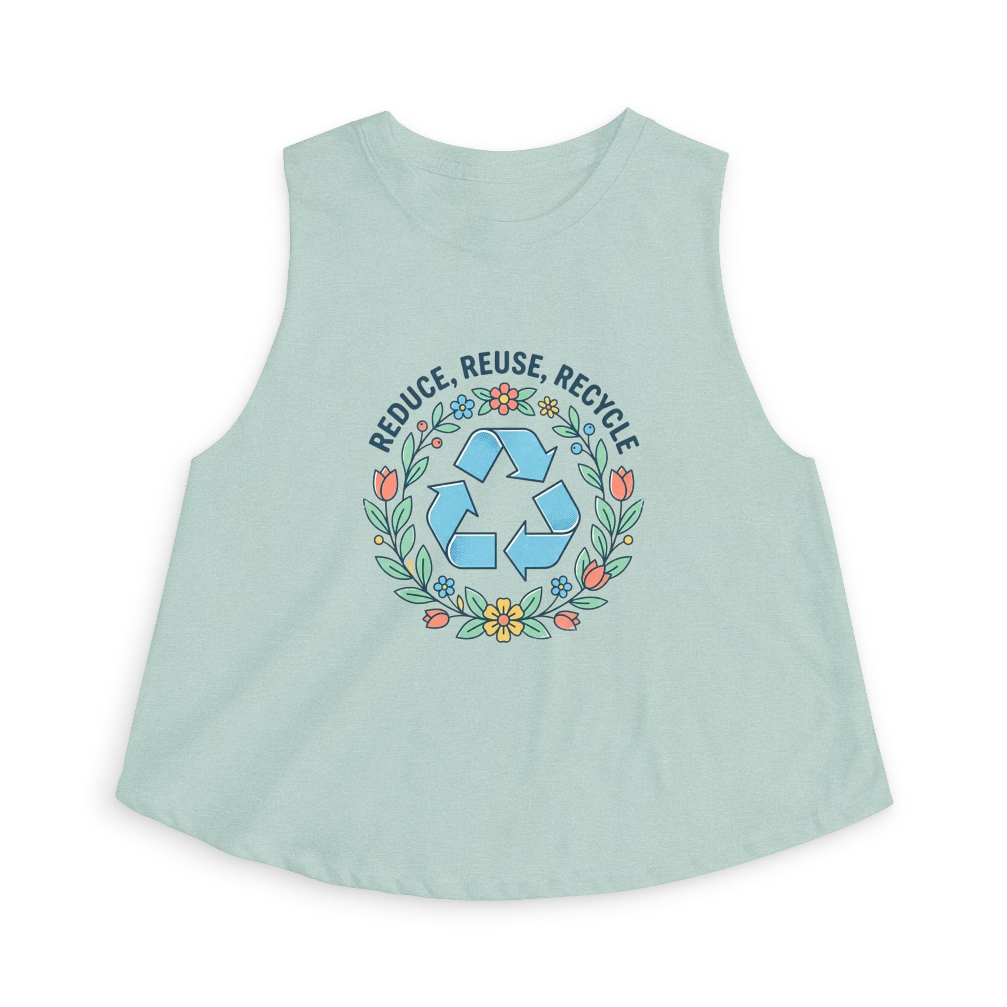 Top Corto Floral Ecológico — Camiseta Corta sin Mangas de Mujer "Reduce, Reutiliza, Recicla"