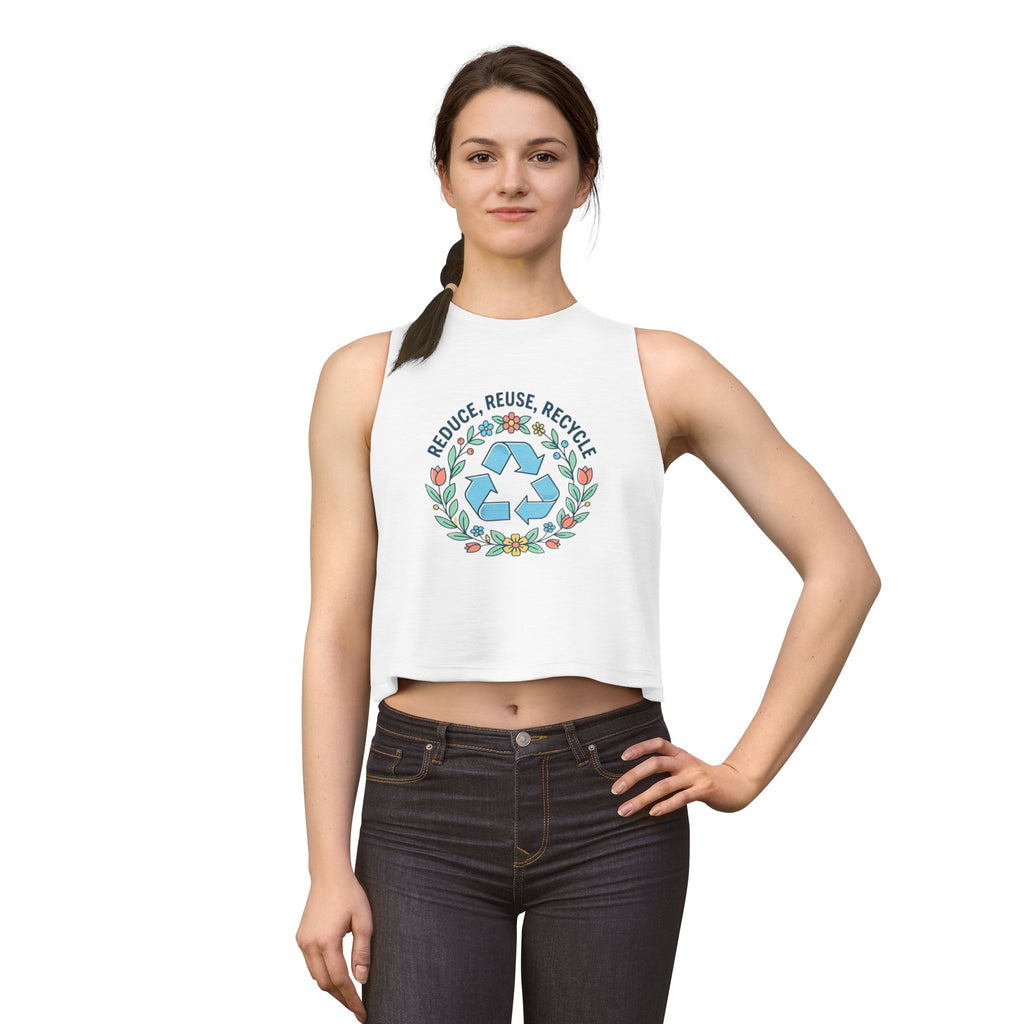 Top Corto Floral Ecológico — Camiseta Corta sin Mangas de Mujer "Reduce, Reutiliza, Recicla"