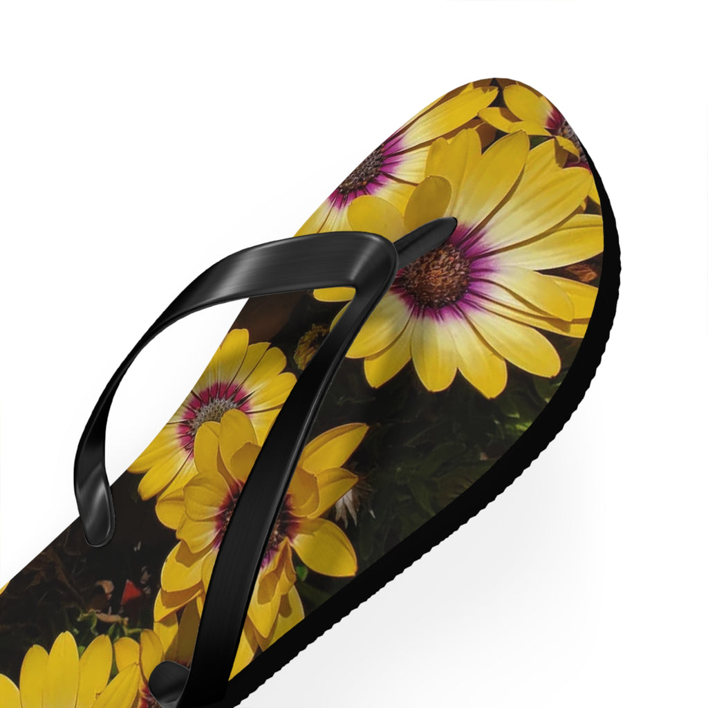 Yellow Daisy Inverted Pattern Flip Flops — Floral Beach Sandals