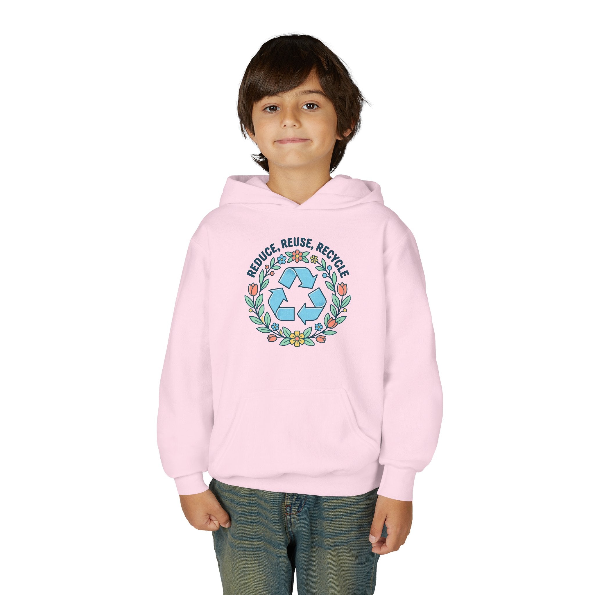 Youth Hoodie — “Reduce Reuse Recycle” Floral Recycle Symbol Eco Sweatshirt