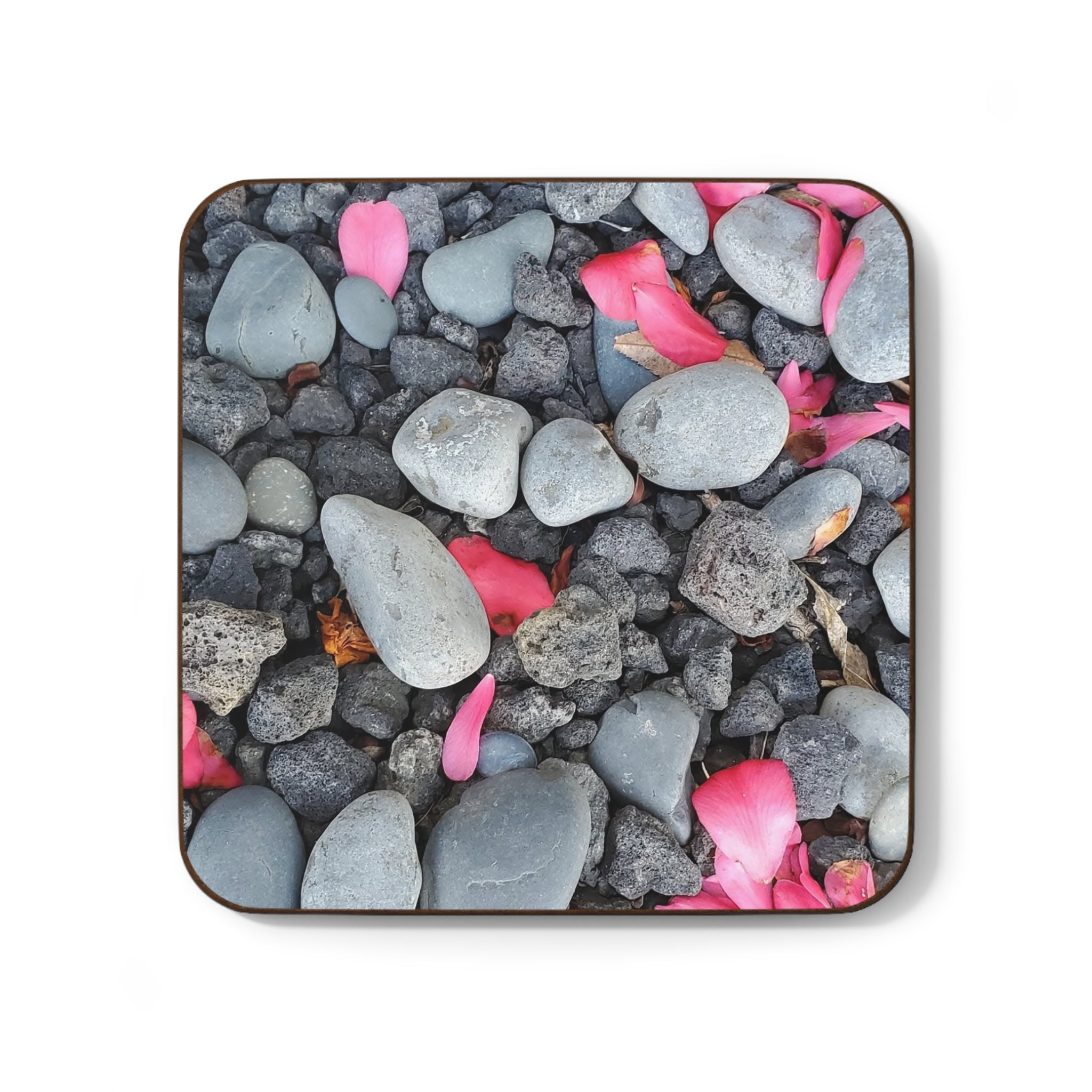 Pebble & Petal Coaster — Pink Rose Petals on Pebble Beach Drink Coaster