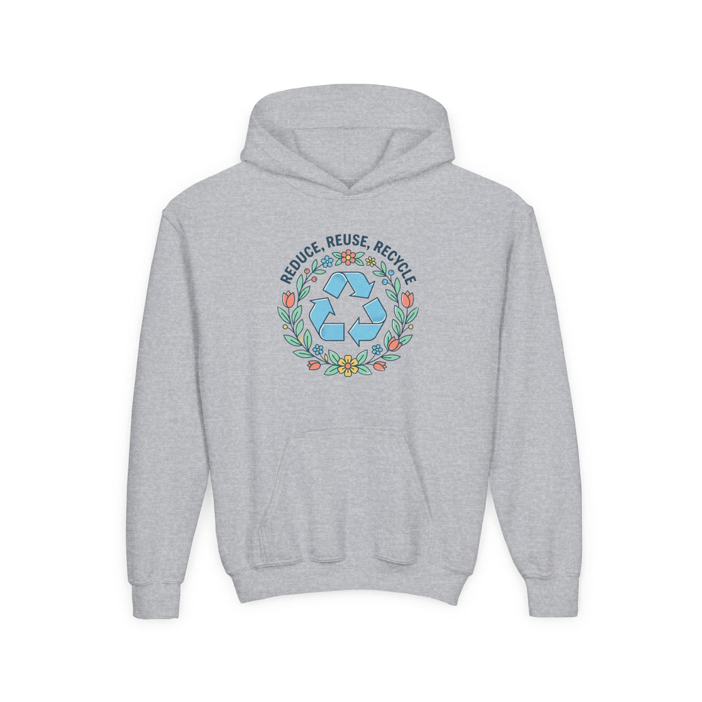 Sudadera con capucha para jóvenes — Sudadera ecológica con símbolo floral de reciclaje "Reduce Reutiliza Recicla"