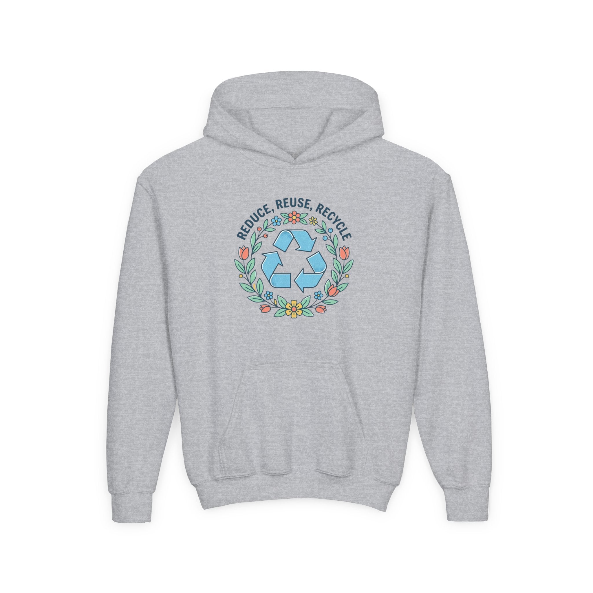 Sudadera con capucha para jóvenes — Sudadera ecológica con símbolo floral de reciclaje "Reduce Reutiliza Recicla"