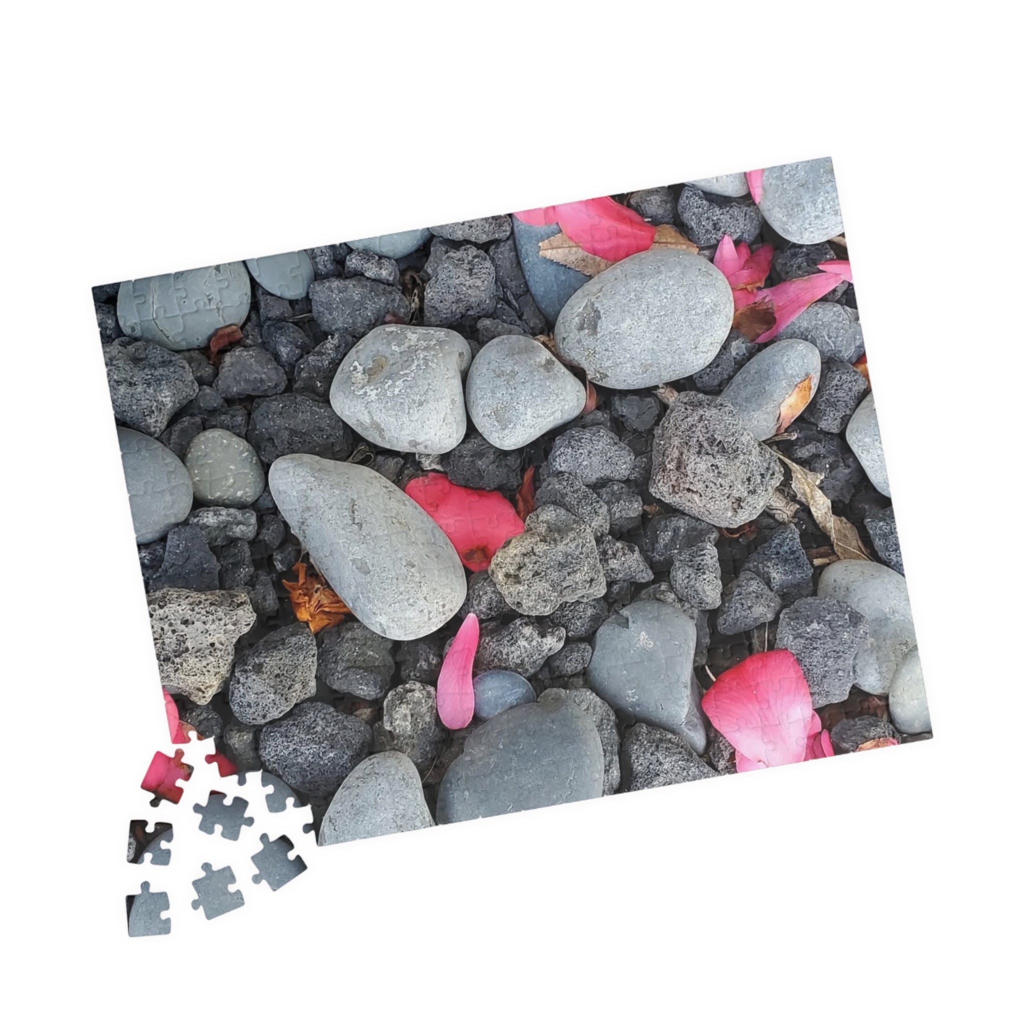 Rompecabezas de pétalos rosas sobre rocas de río