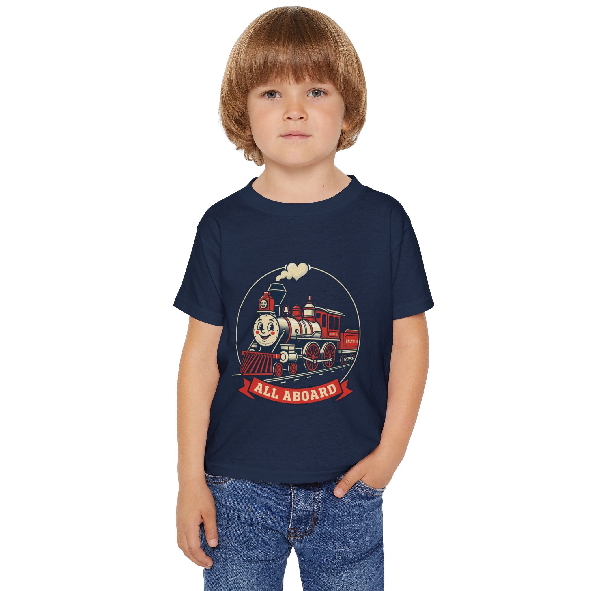 Camiseta para niños pequeños — Gráfico de tren clásico "¡Todos a bordo!"