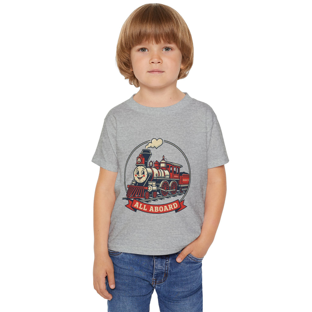 Camiseta para niños pequeños — Gráfico de tren clásico "¡Todos a bordo!"