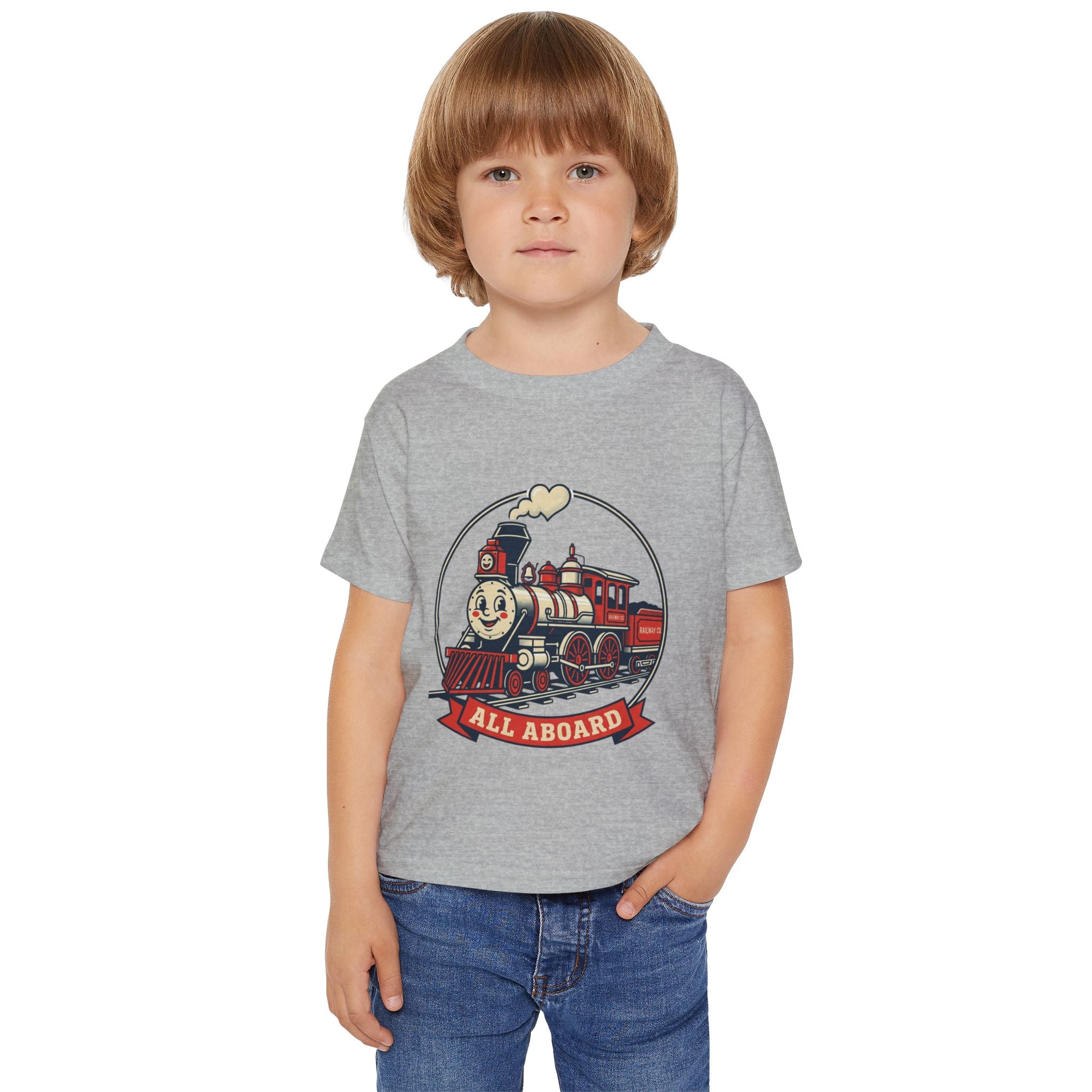 Camiseta para niños pequeños — Gráfico de tren clásico "¡Todos a bordo!"
