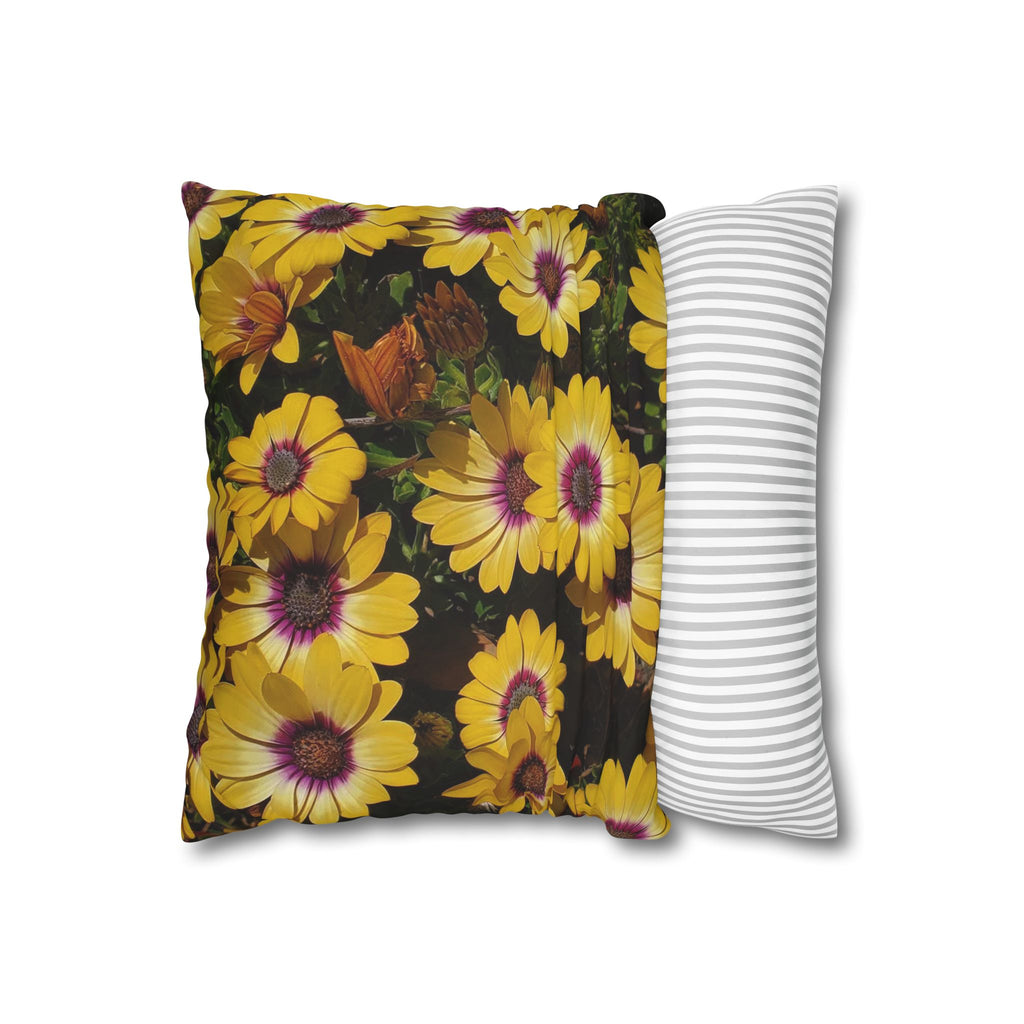 Funda de almohada cuadrada de lona de poliéster con diseño floral de margarita amarilla | Decoración botánica para el hogar
