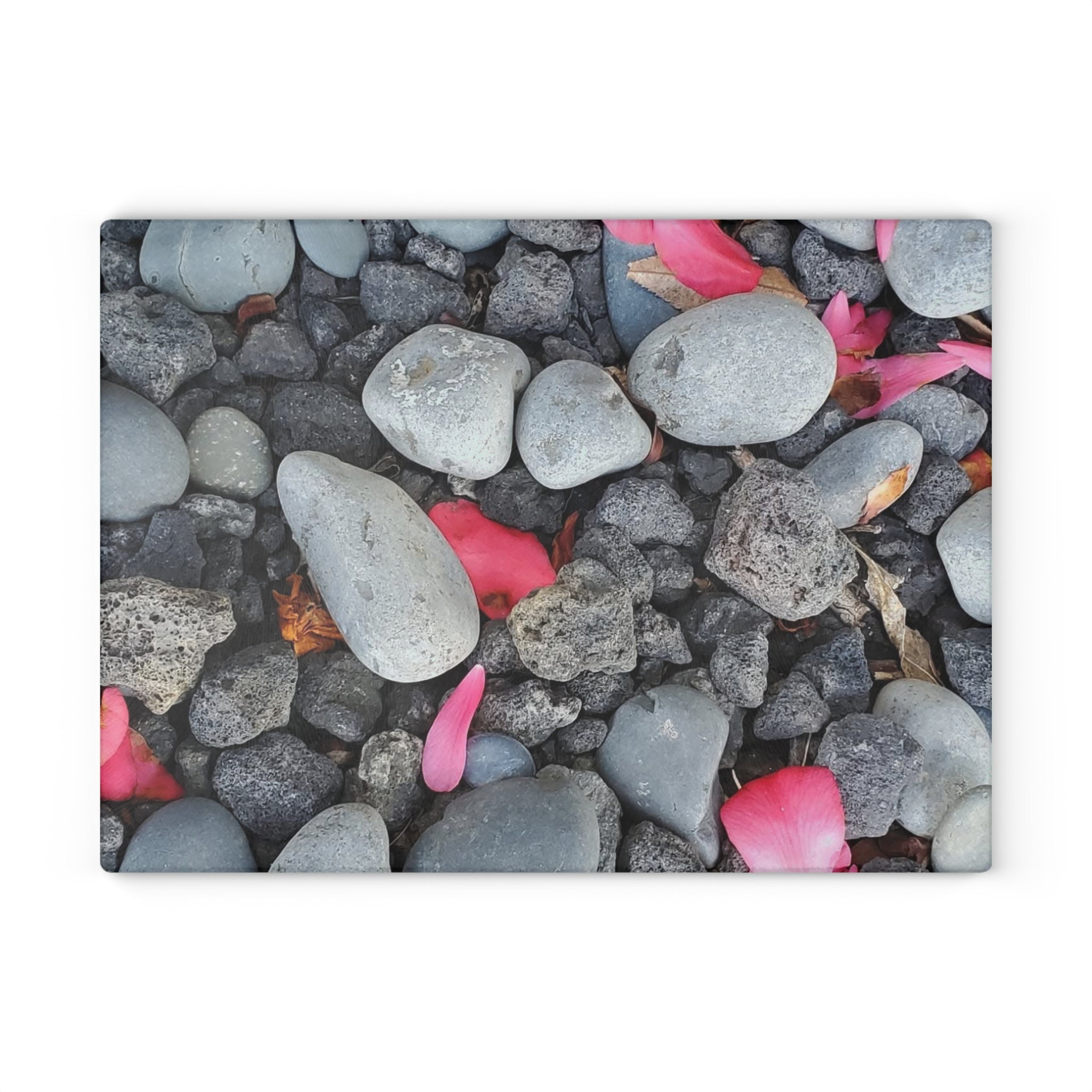 Pink Petals on River Rocks Glass Cutting Board | Floral Stone Kitchen Decor