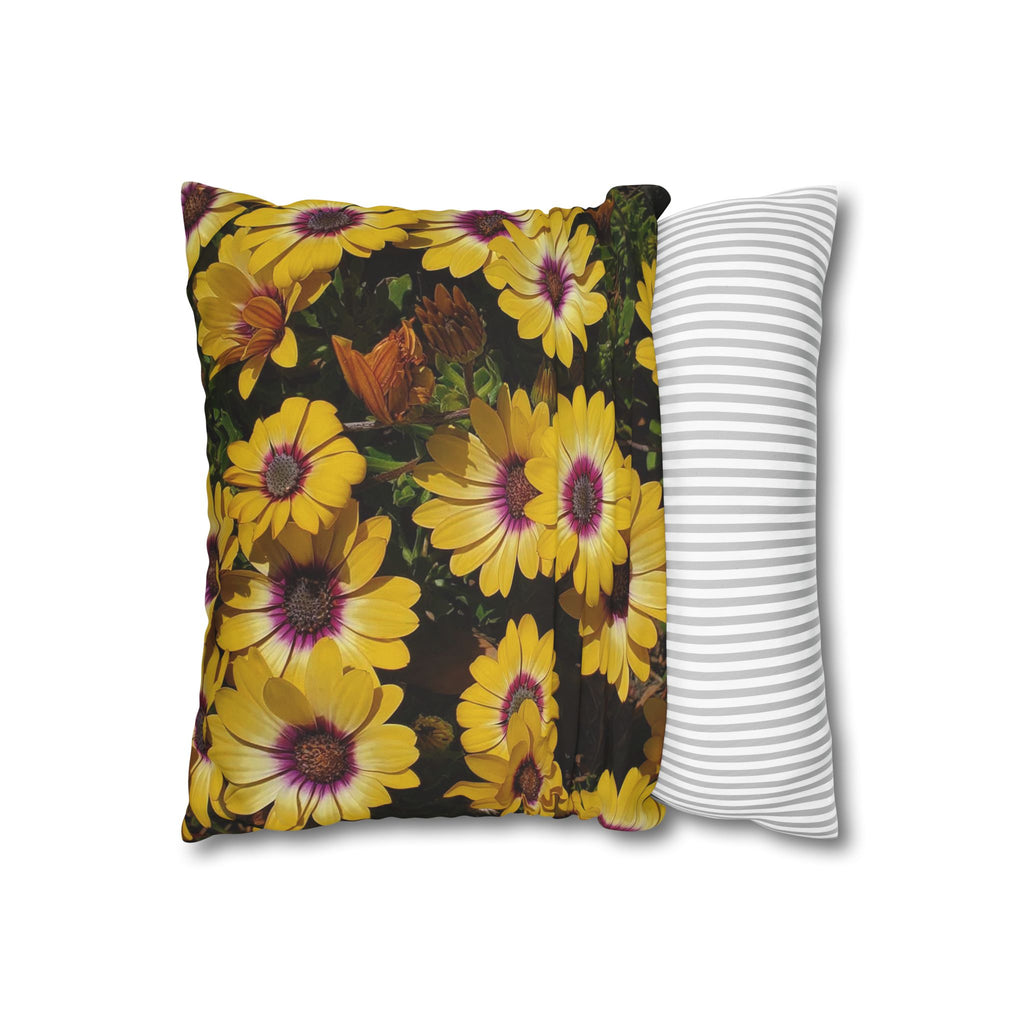 Funda de almohada cuadrada de lona de poliéster con diseño floral de margarita amarilla | Decoración botánica para el hogar