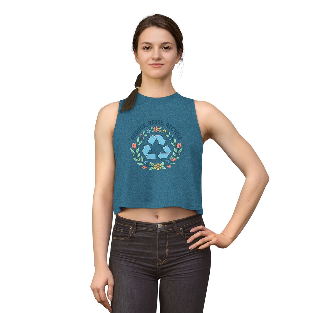Top Corto Floral Ecológico — Camiseta Corta sin Mangas de Mujer "Reduce, Reutiliza, Recicla"