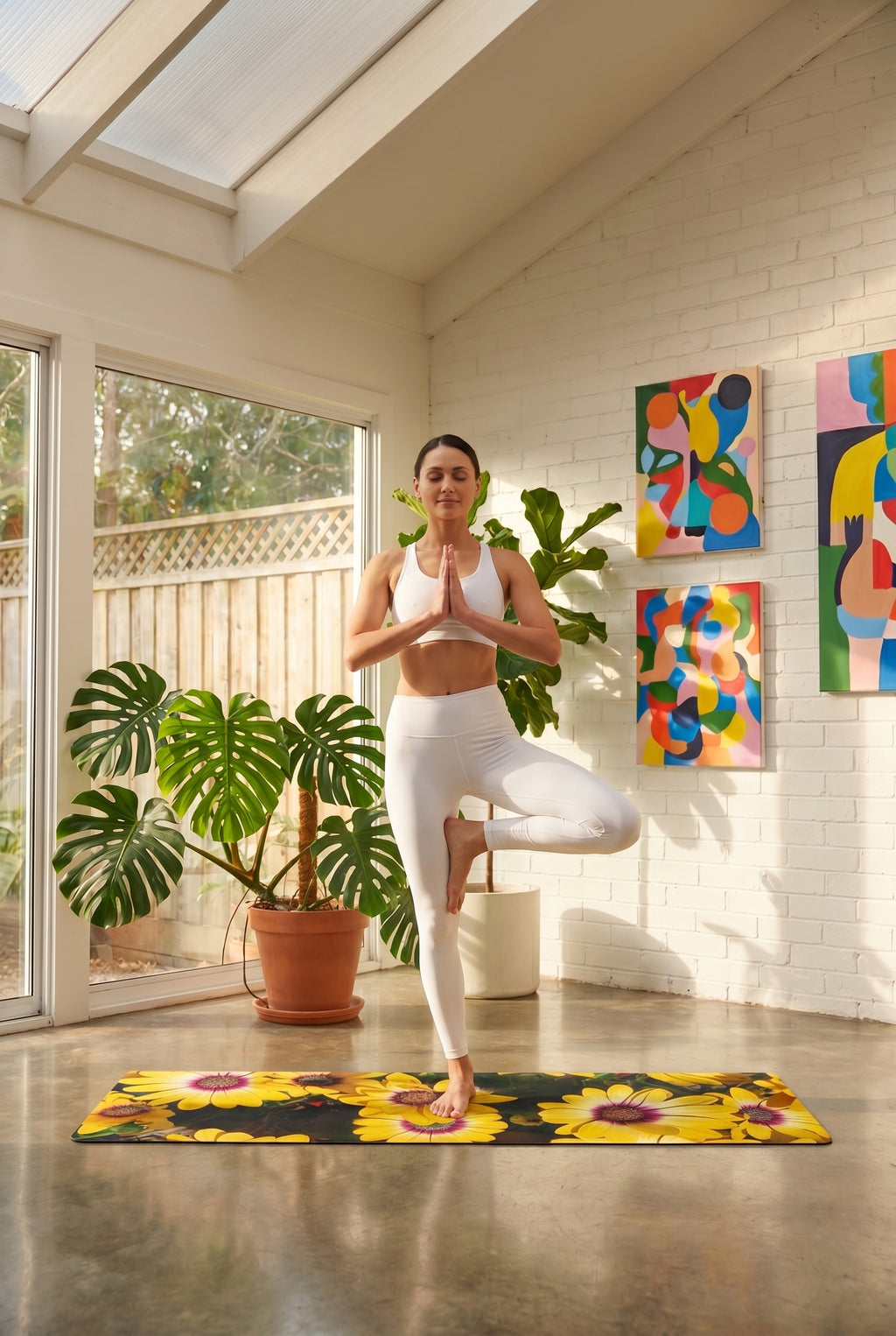 Alfombrilla de yoga de goma con estampado de margaritas amarillas | Diseño floral de girasoles