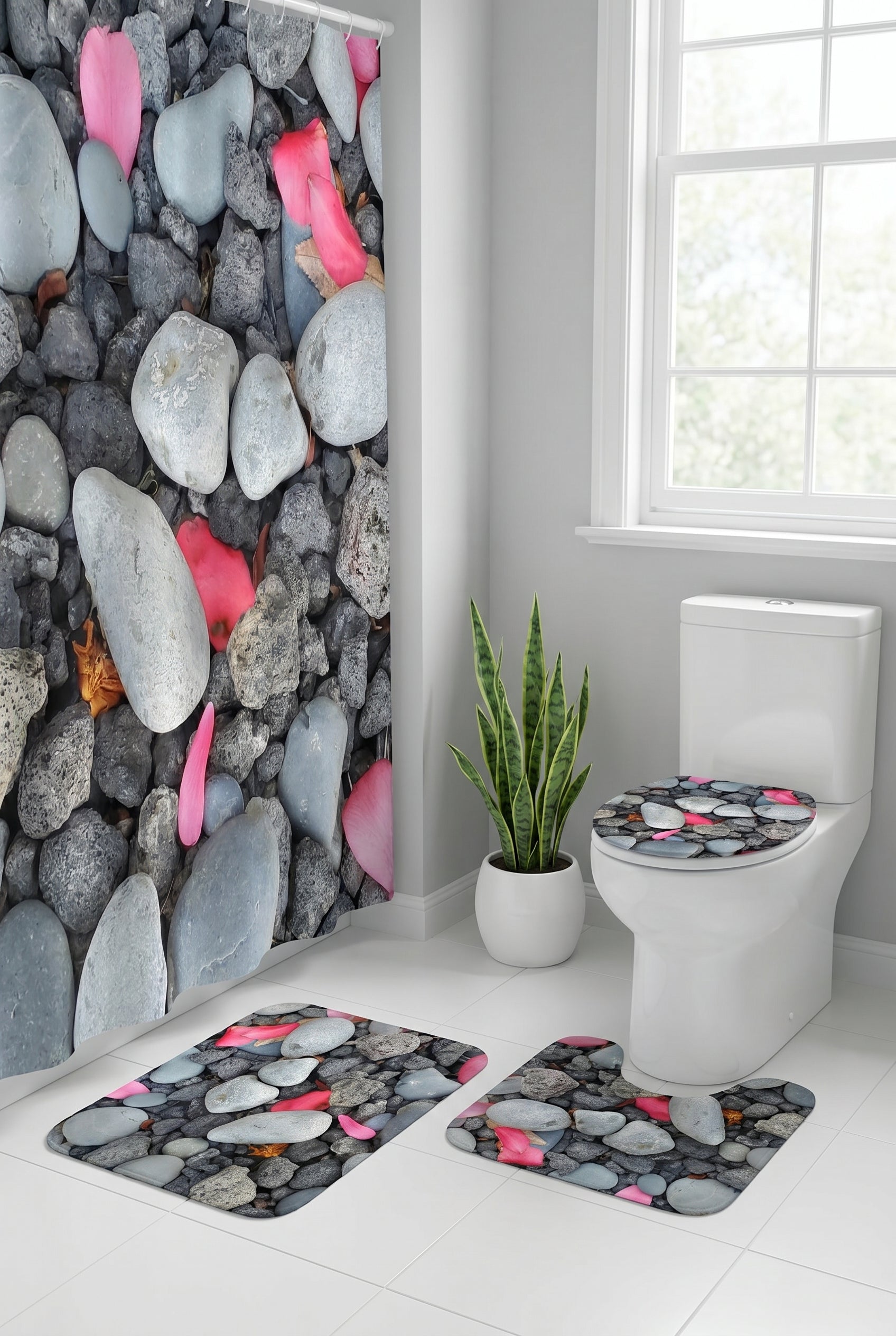 Pebble & Petals Toilet Seat Cover Set — 3-Piece Bath Mat & Lid Covers