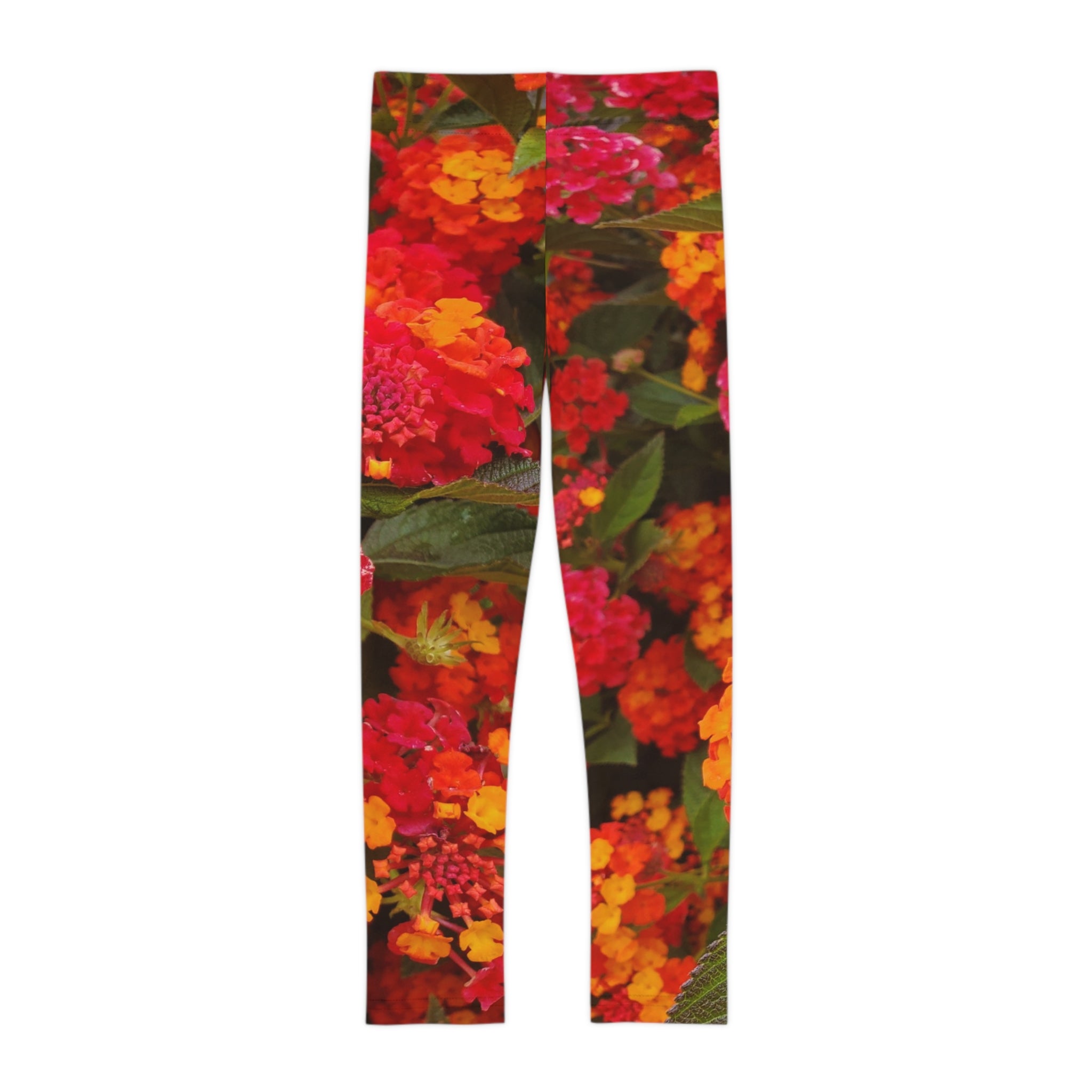Leggings florales Lantana para niños — Estampado integral rojo y naranja brillante