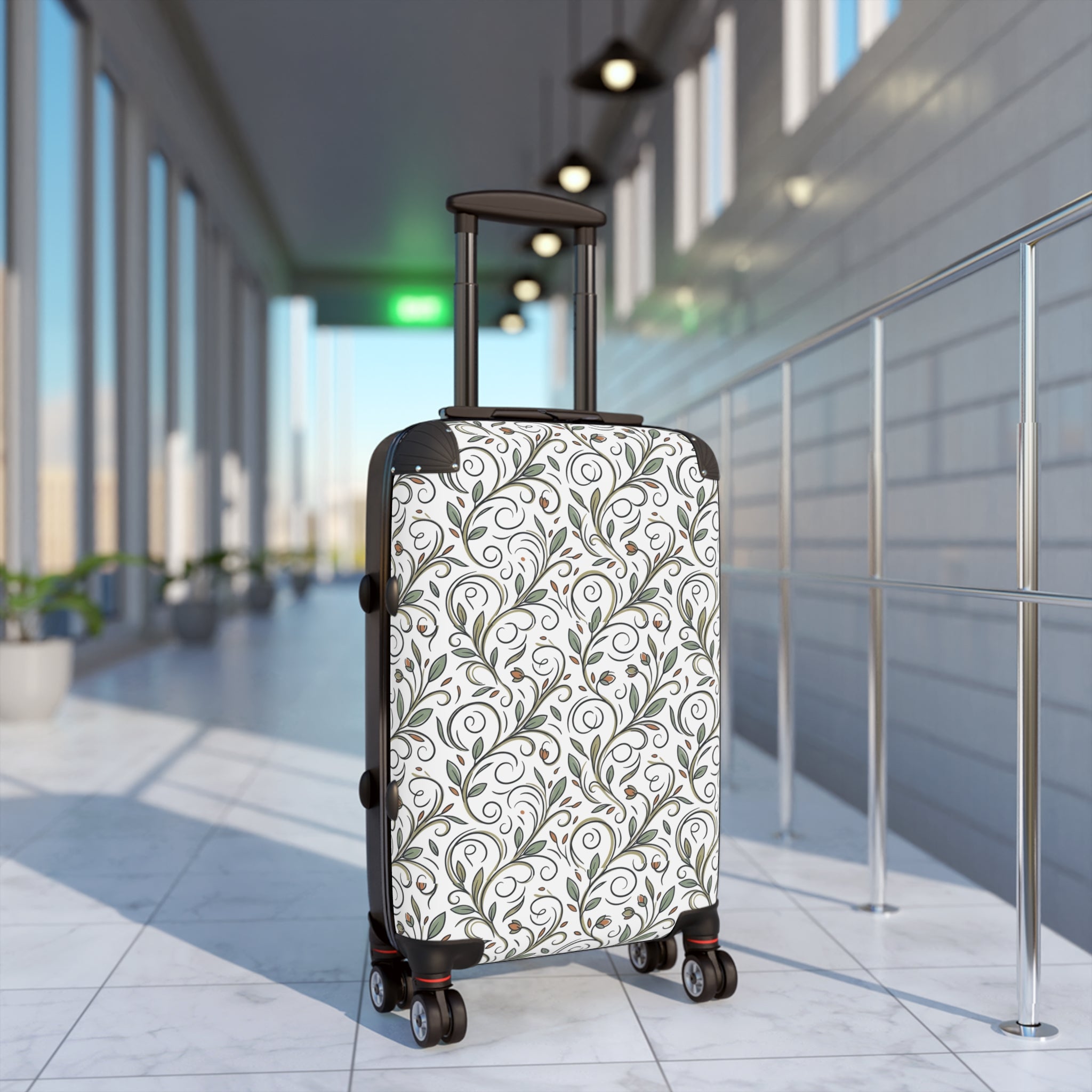 Floral Vine Suitcase — Elegant White & Olive Travel Luggage