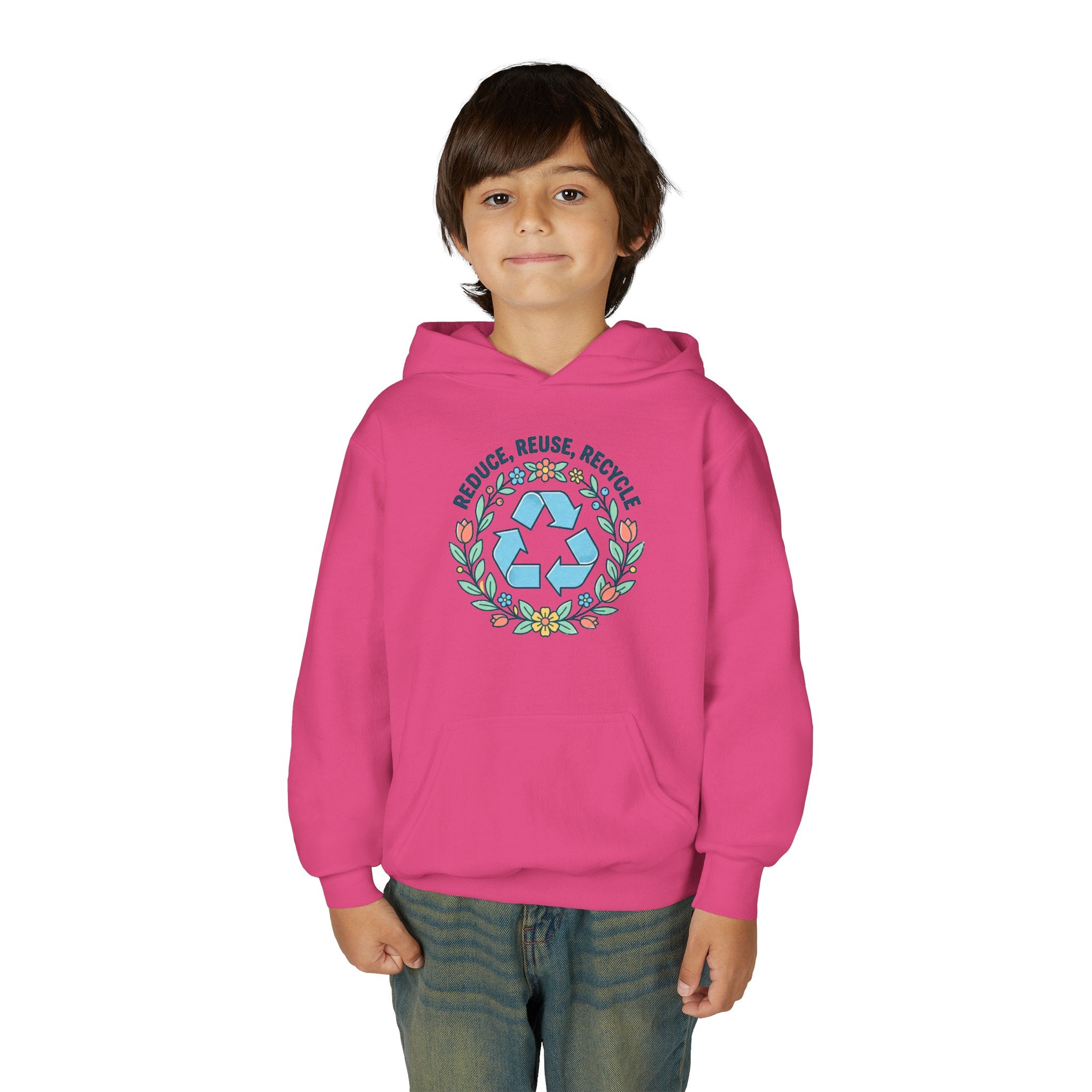 Youth Hoodie — “Reduce Reuse Recycle” Floral Recycle Symbol Eco Sweatshirt