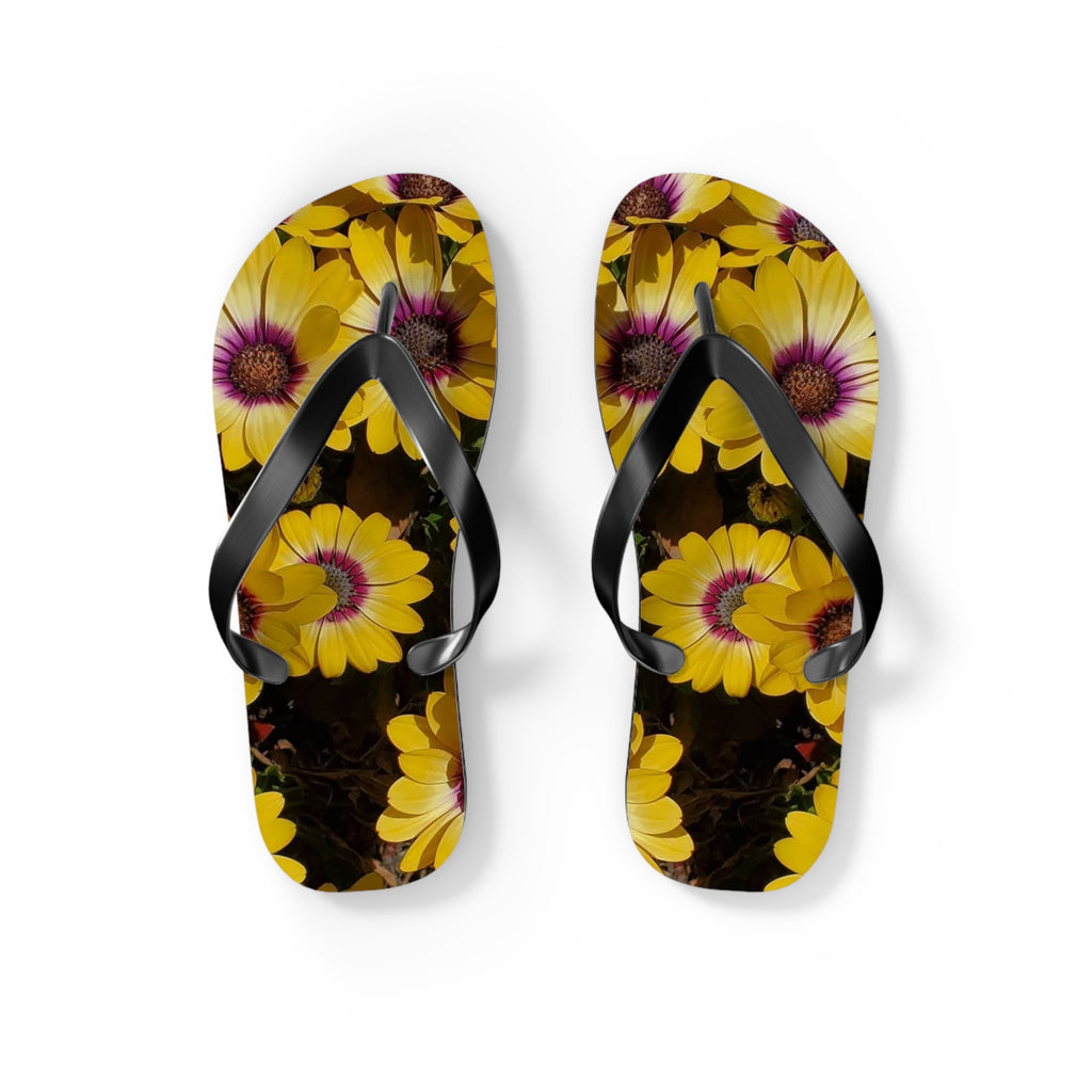 Yellow Daisy Inverted Pattern Flip Flops — Floral Beach Sandals