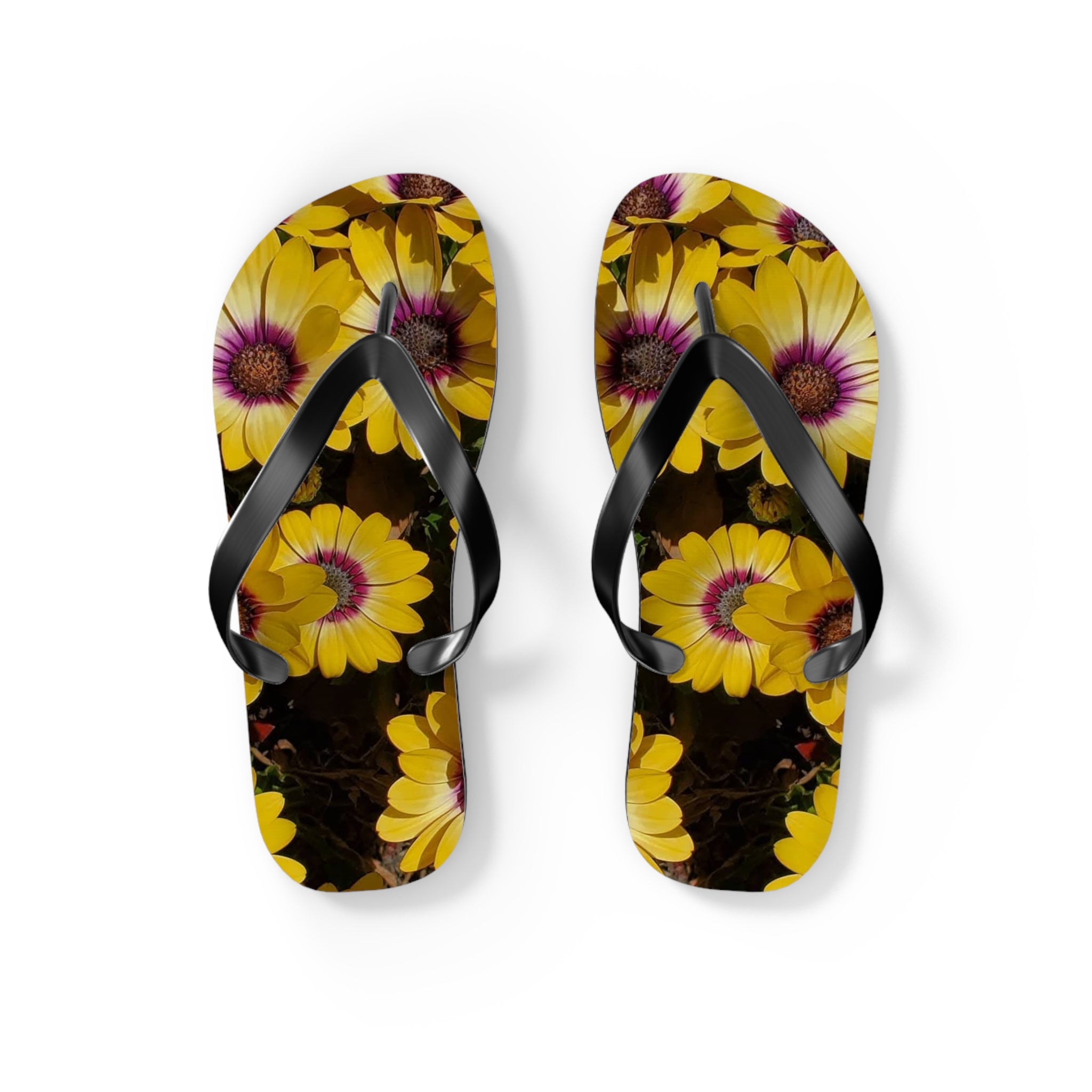 Yellow Daisy Inverted Pattern Flip Flops — Floral Beach Sandals