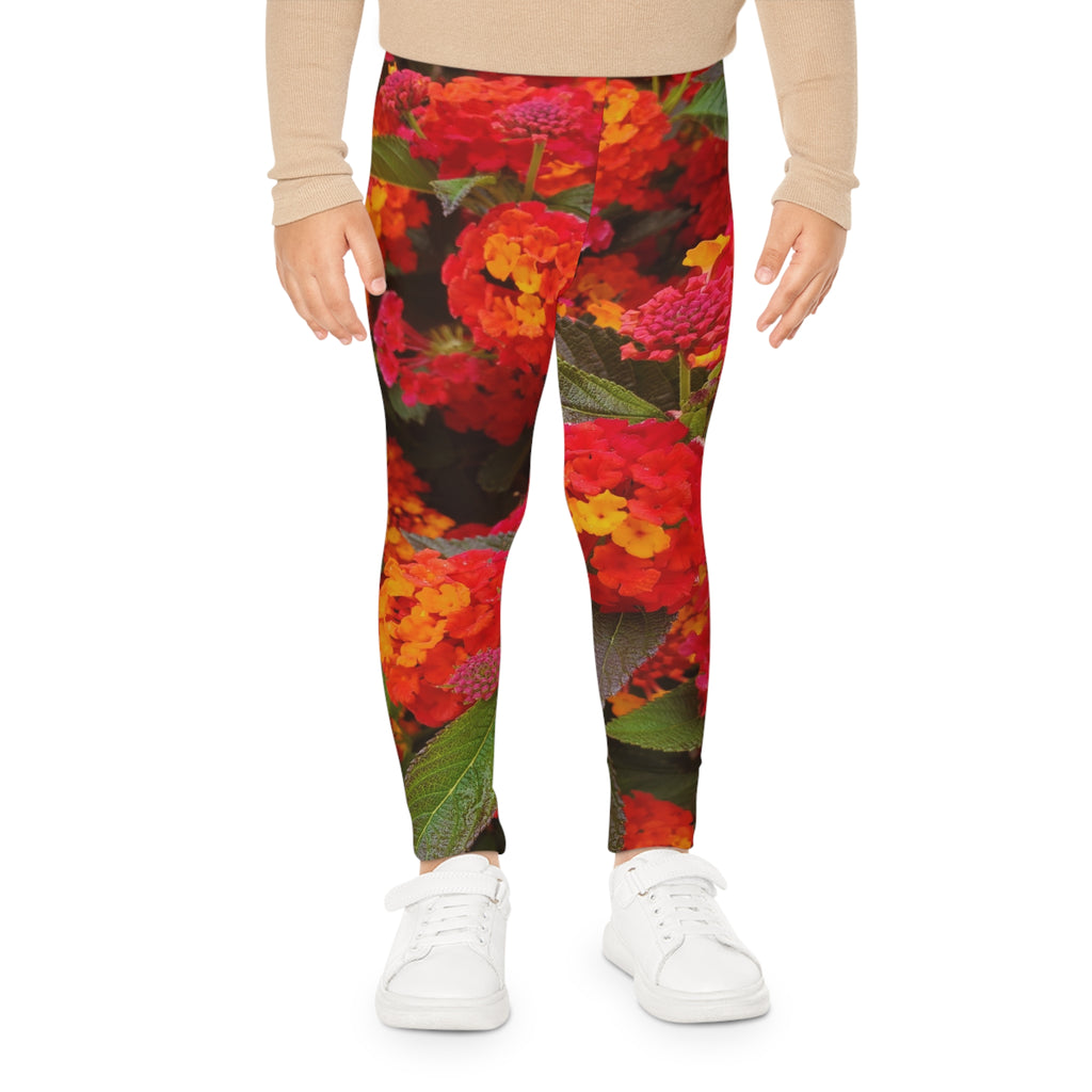 Leggings florales Lantana para niños — Estampado integral rojo y naranja brillante