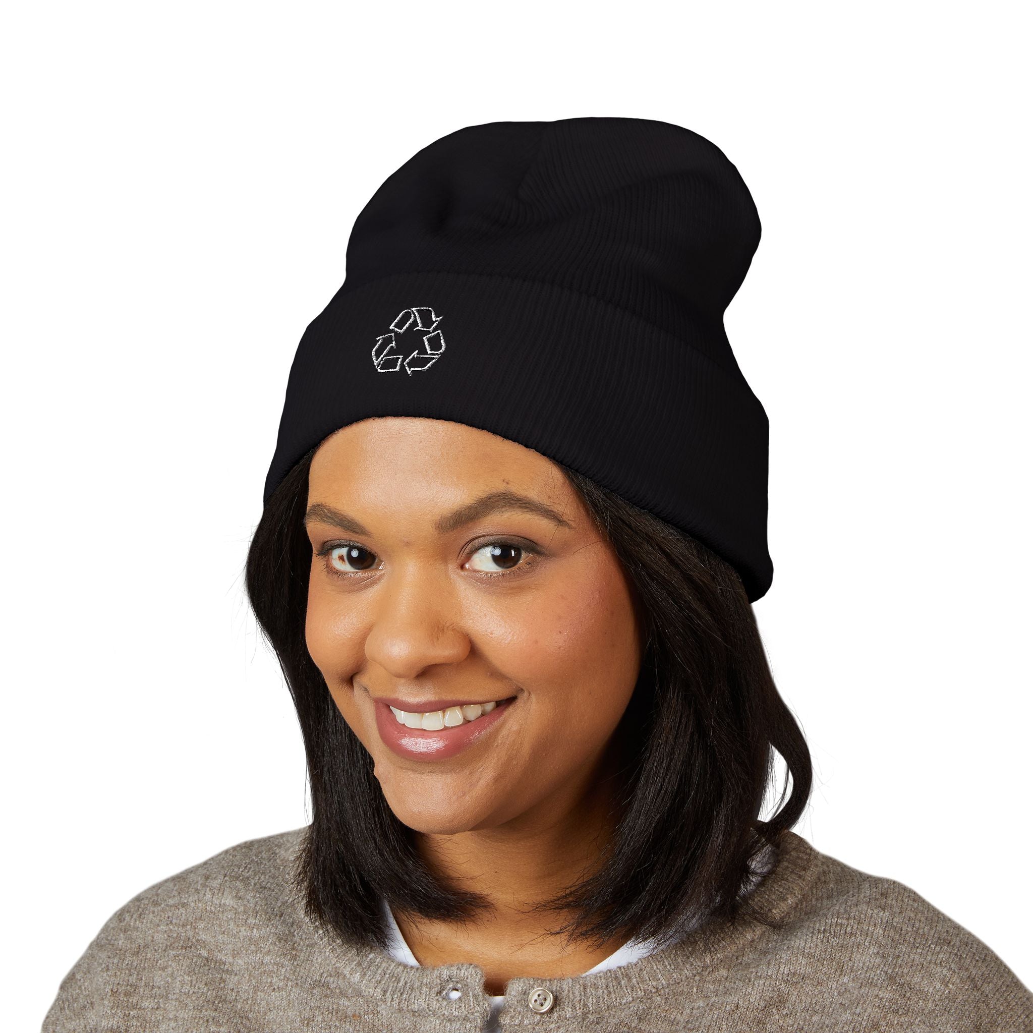 =Embroidered Recycle Symbol Cuffed Beanie (Dark Colors)