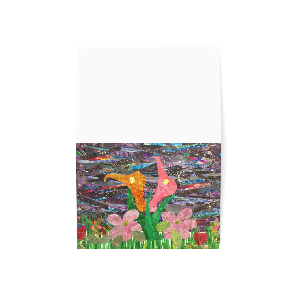 Tarjeta para el Día de la Madre con collage floral — Paquete de 1/10/30/50 (Diseño de lirios cala y corazones)