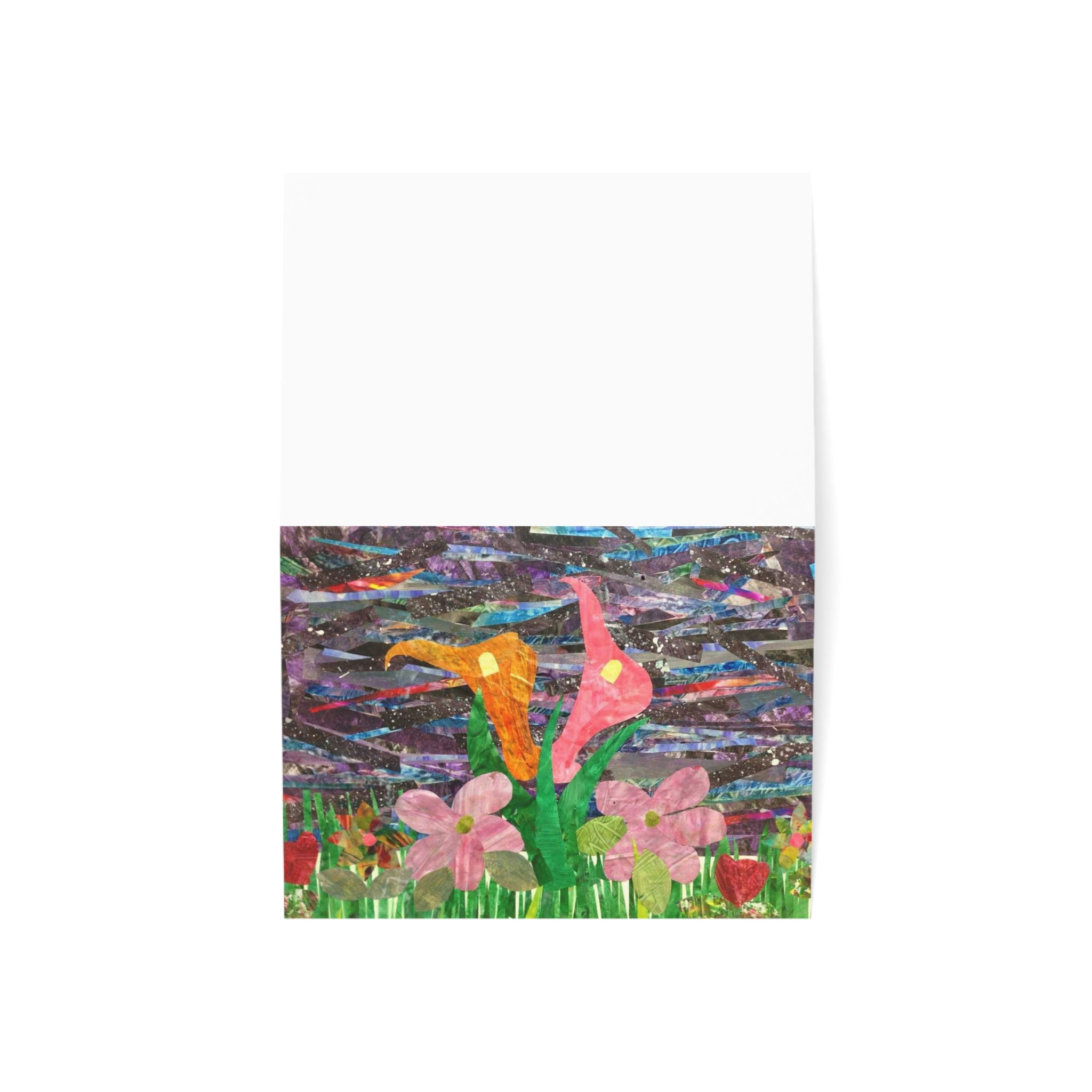 Tarjeta para el Día de la Madre con collage floral — Paquete de 1/10/30/50 (Diseño de lirios cala y corazones)