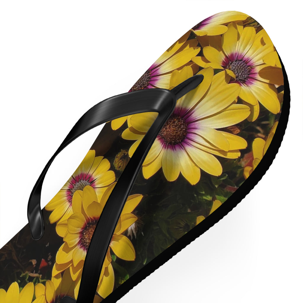 Yellow Daisy Inverted Pattern Flip Flops — Floral Beach Sandals