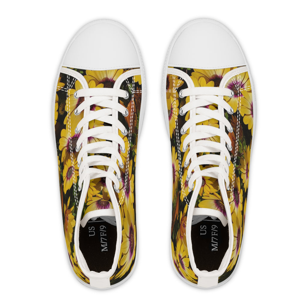 Yellow Daisy High-Top Sneakers — Floral Women's Casual Shoes
