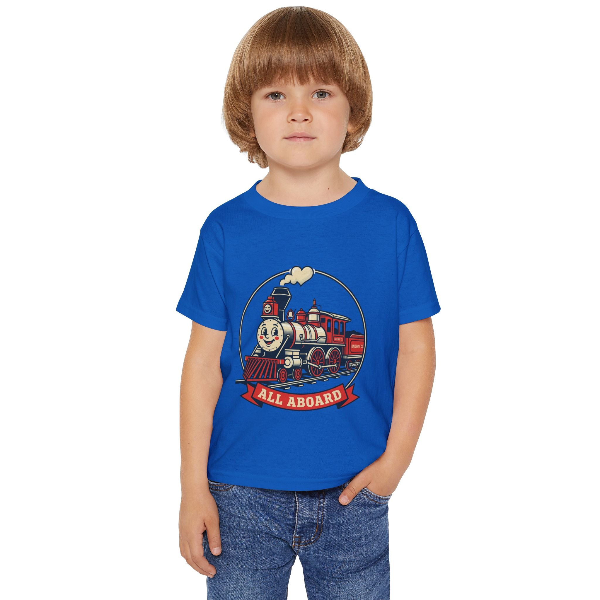 Camiseta para niños pequeños — Gráfico de tren clásico "¡Todos a bordo!"