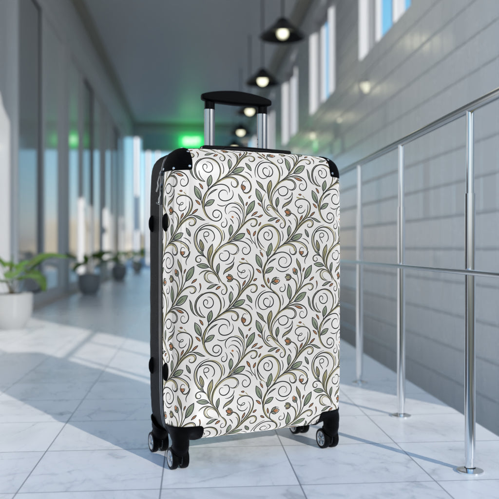 Floral Vine Suitcase — Elegant White & Olive Travel Luggage