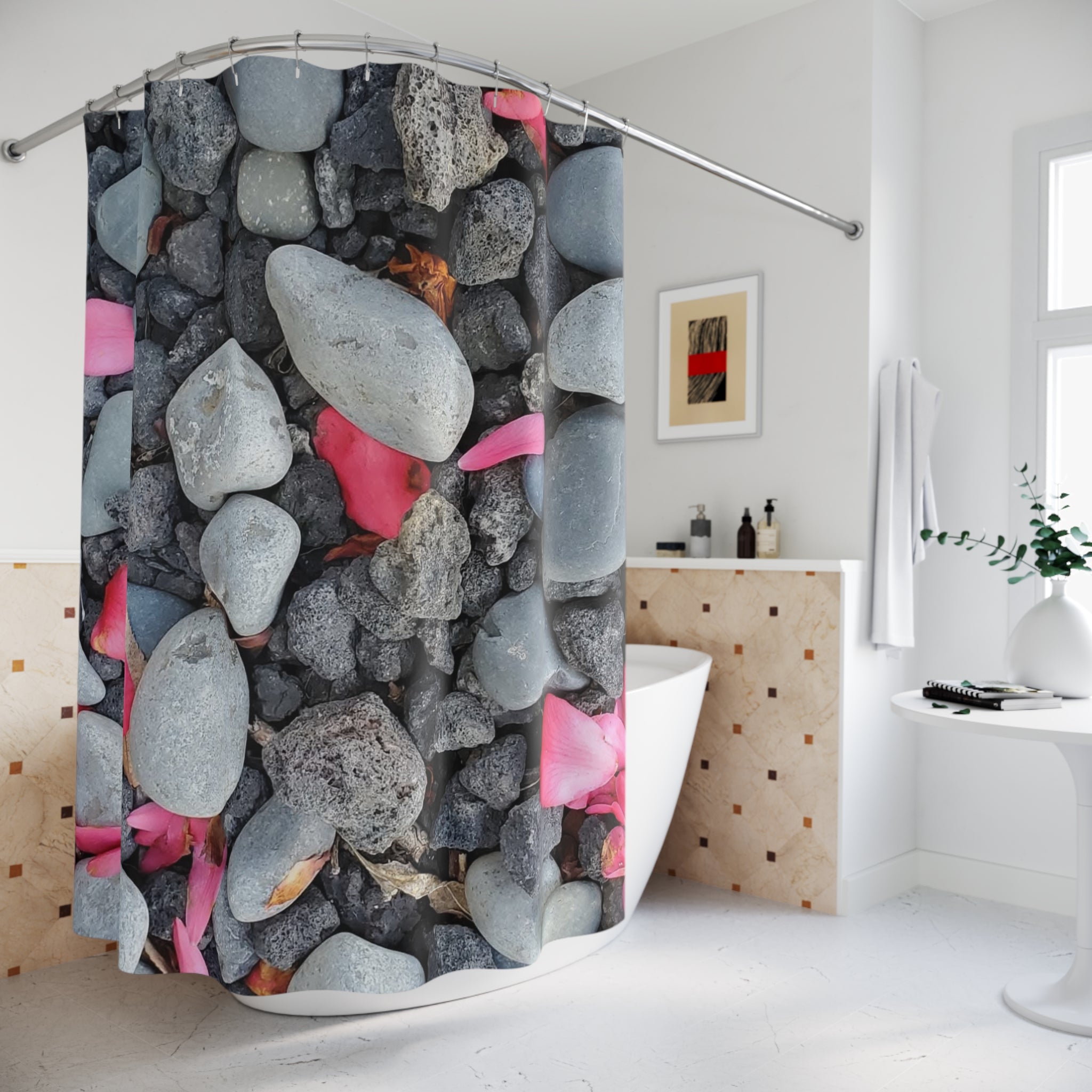 Pink Rose Petals on Pebbles Shower Curtain | Beach Stone Bath Décor