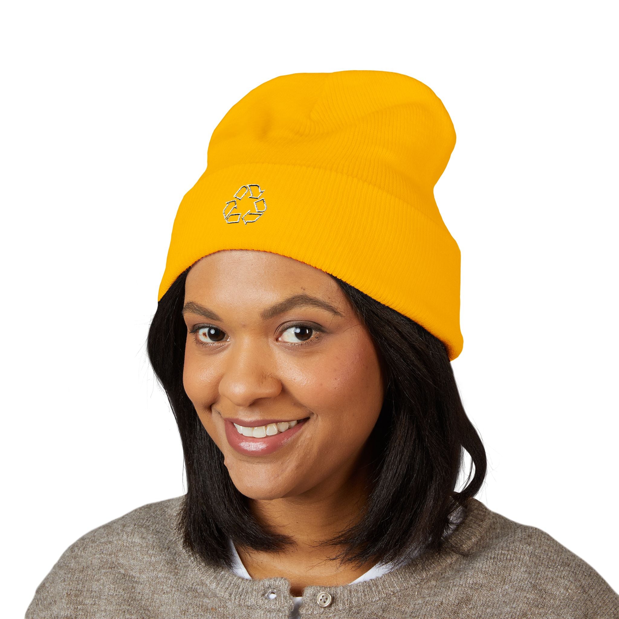 =Embroidered Recycle Symbol Cuffed Beanie (Dark Colors)